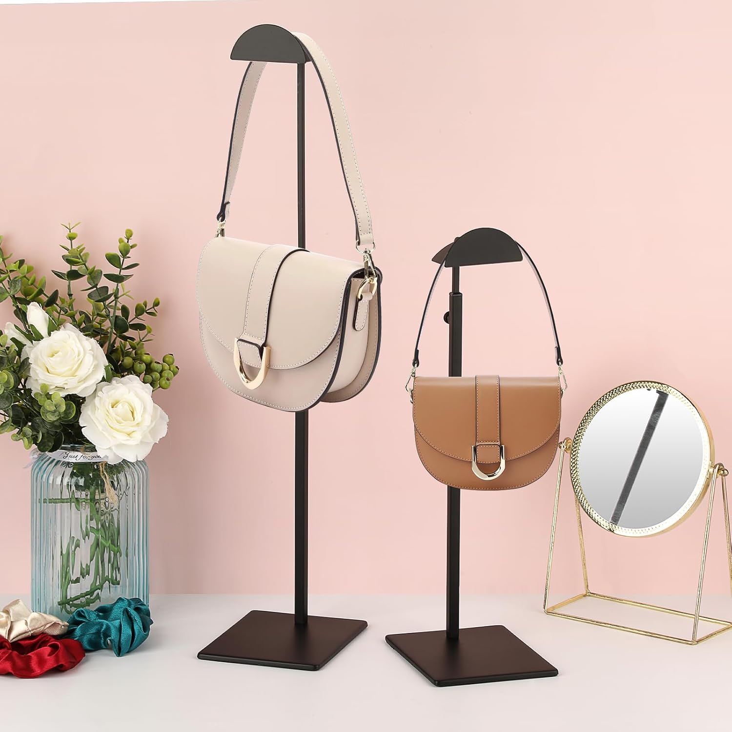 OLegei Set of 2 Adjustable Handbag Display Rack Stainless Steel Purse Display Holder Stand Shoulder Bags,Scarves, Hats, Necklaces Hanging Stand for Boutique Store, Home (Black) - Image 5