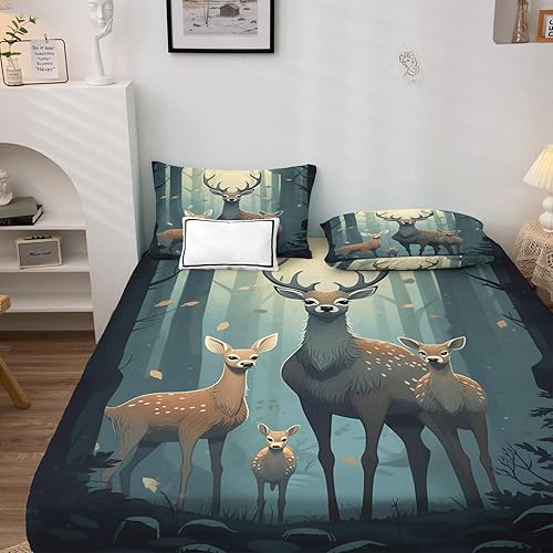 Miniatura 2 de Sika H-6&-272 Sábanas de ciervo tamaño King, sábanas y fundas de almohada estampadas de animales de ciervo, juego de 4 piezas, sábana bajera