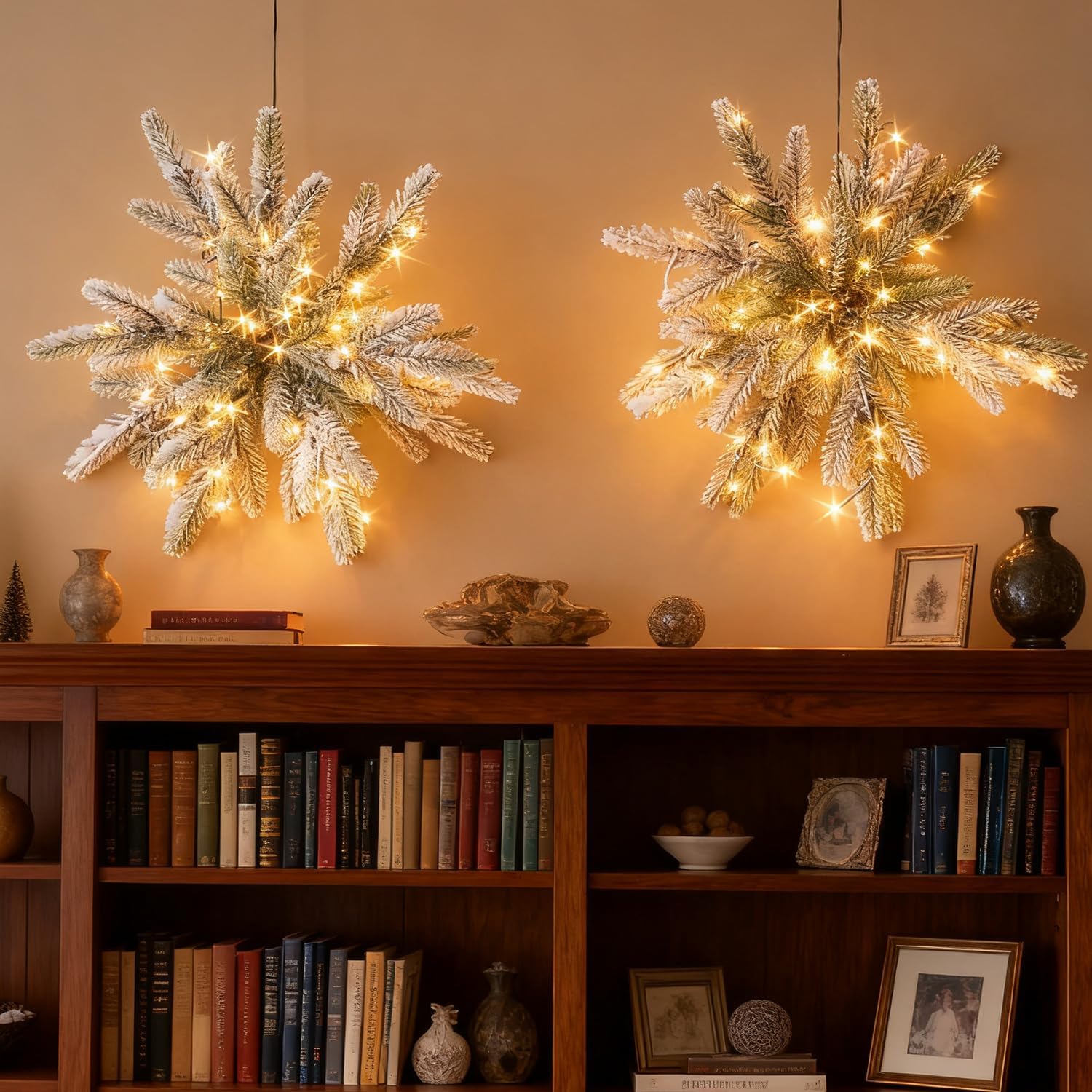 Hairui Lighted Pine Snowflake Lights Battery Operated with Timer 2 Pack, Pine Branch with Lights 16IN 60 LED Lights for Wall Window Door Christmas Decoration Indoor Outdoor