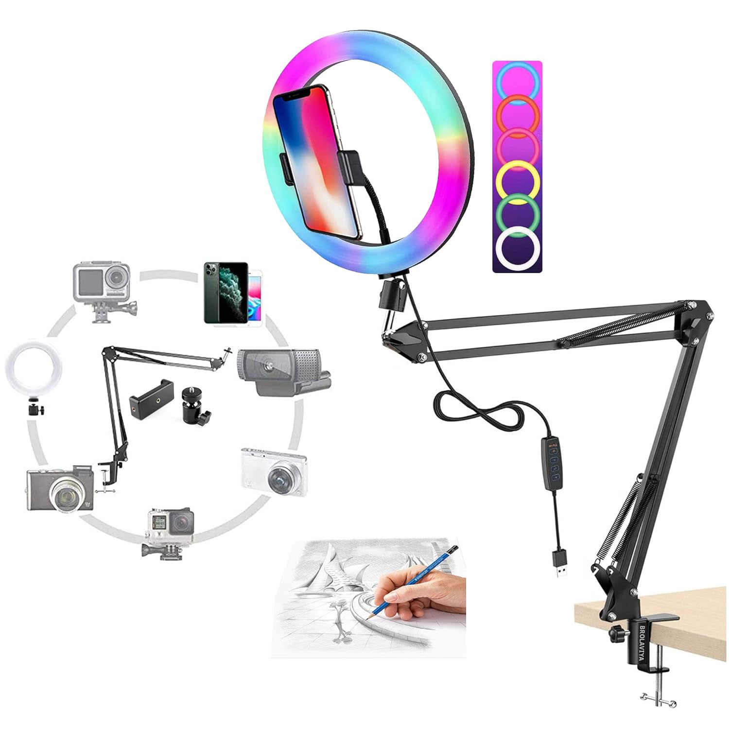 BROLAVIYA Overhead Video Mobile Stand with RGB Color 10inch Ring Light