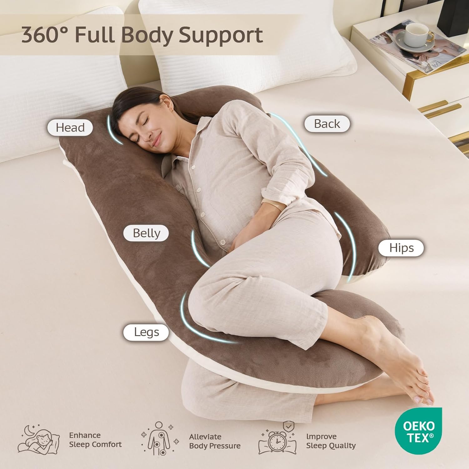 Pregnancy Pillows for Sleeping, 57-inch U Shaped Full Body Maternity Pillow with Removable Washable Cover - Support for Back, Belly, Hips, Legs for Pregnant Women, Khaki Brown Velvet