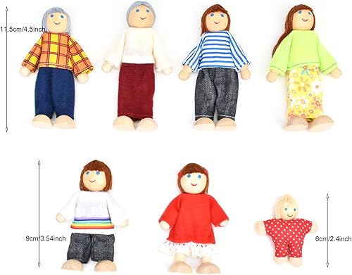 Miniatura 2 de Jzszera Casa de muñecas de madera, personas de 7 figuras en miniatura y 2 mascotas, juego familiar de muñecas de casa de muñecas, accesorios para