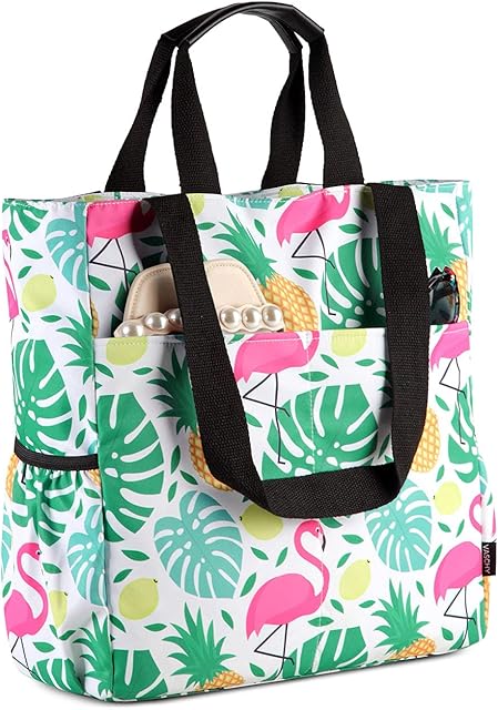 Beach Tote Bag for Women, VASCHY Floral Lightweight Shoulder Bag Foldable Water Resistant Handbag Pool Gym Bag with Zip and Multi-Pockets for Vacation, Travel(Summer Flamingo)