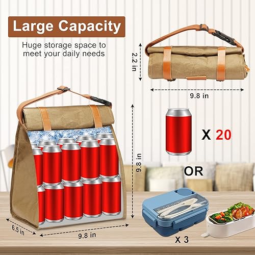 Miniatura 3 de Gormlaith Bolsa de almuerzo aislada, lonchera a prueba de fugas para mujeres y hombres, bolsa de papel marrón reutilizable lavable con correa
