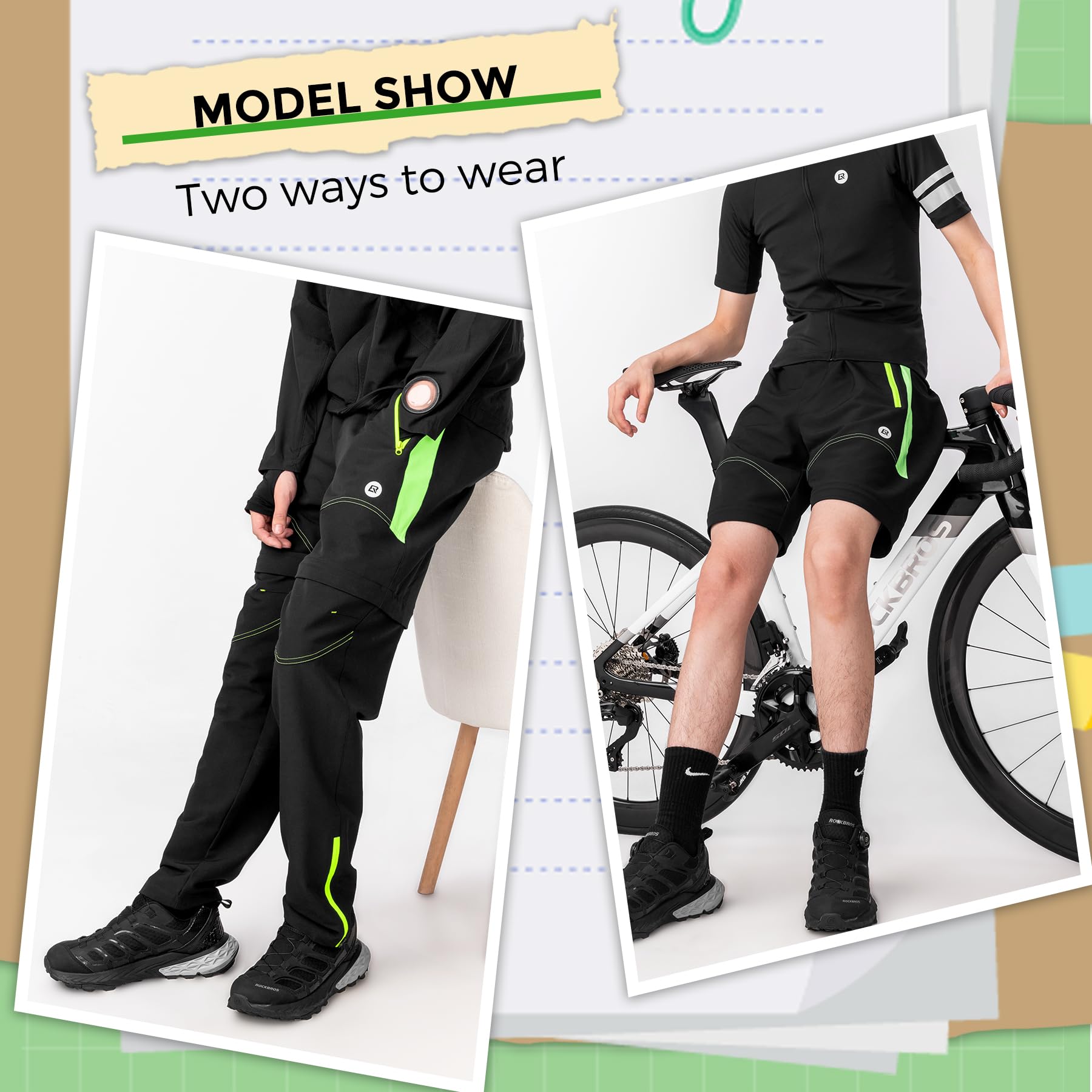 ROCKBROS Fahrradhose Doppellagig Abnehmbar Sporthose Lang Radhose mit Sitzpolster Gepolsterte Fahrrad Hosen Herren Atmungsaktive MTB Rennrad