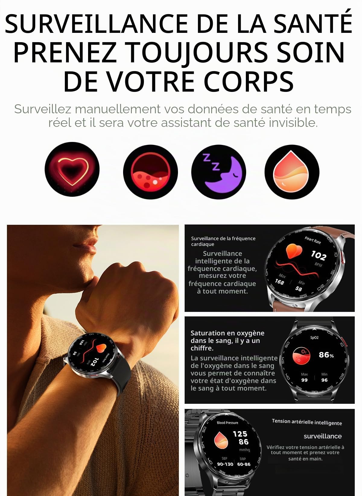 AIEK Montre connectée avec écouteurs pour homme et femme, écran rond de 1,39 pouces, tracker de fitness avec écouteurs Bluetooth, moniteur de fréquence cardiaque et moniteur de sommeil, pour Android