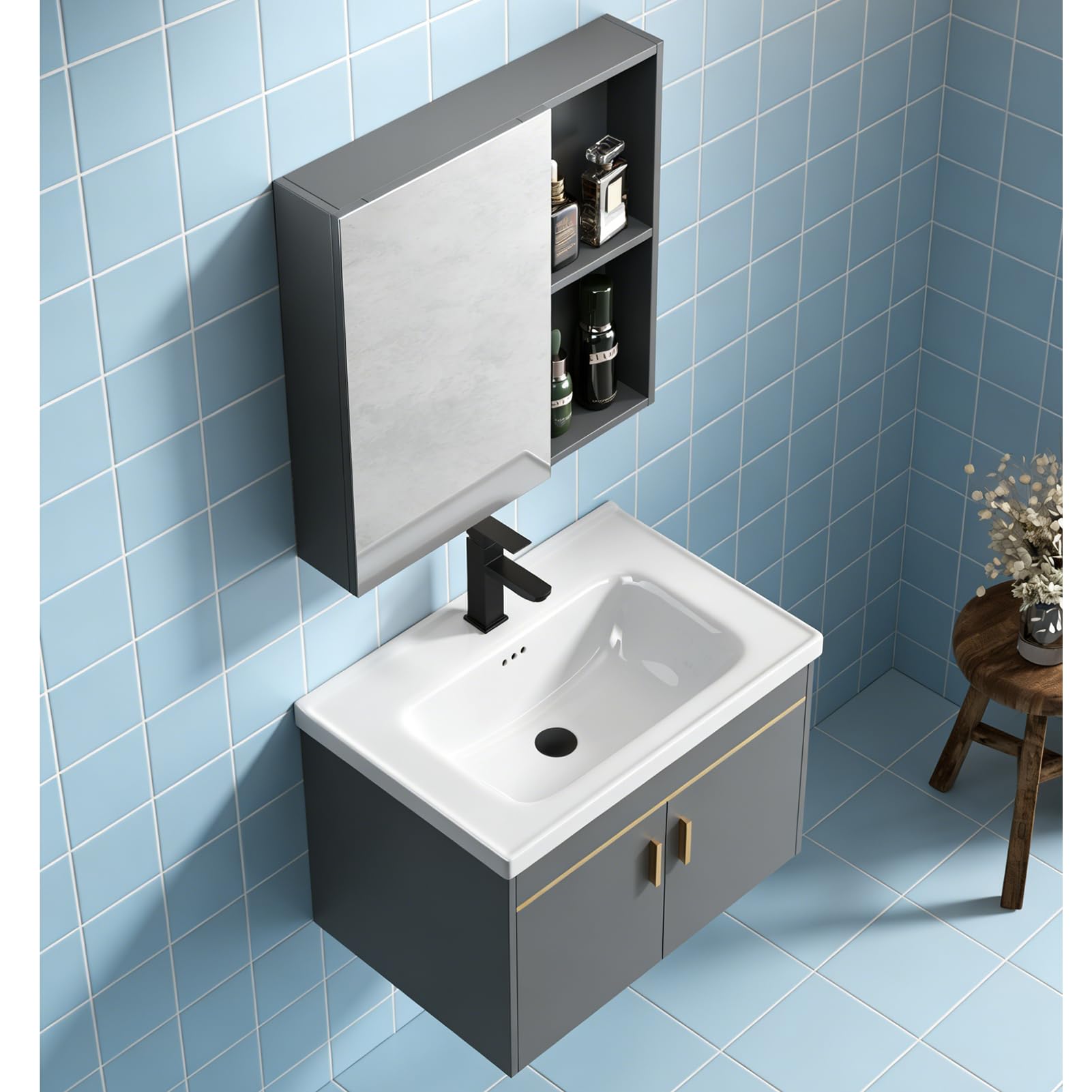 Set di lavabo da bagno, mobiletto da parete, lavabo, armadietto a specchio e lavello con lavabo in ceramica e rubinetto (grigio, 60 x 40 cm)