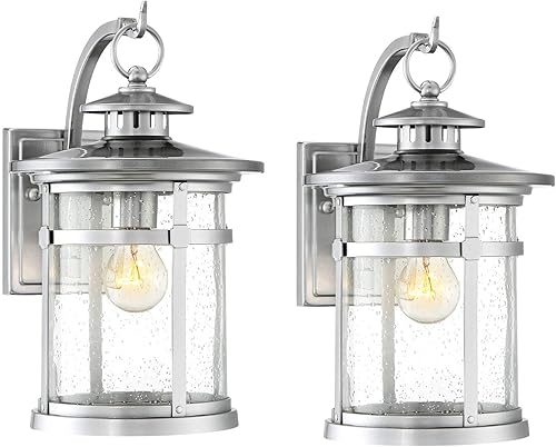Miniatura 2 de Franklin Iron Works Callaway - Juego de 2 lámparas de pared industriales modernas para exteriores, marco de farol de metal cromado, paneles de