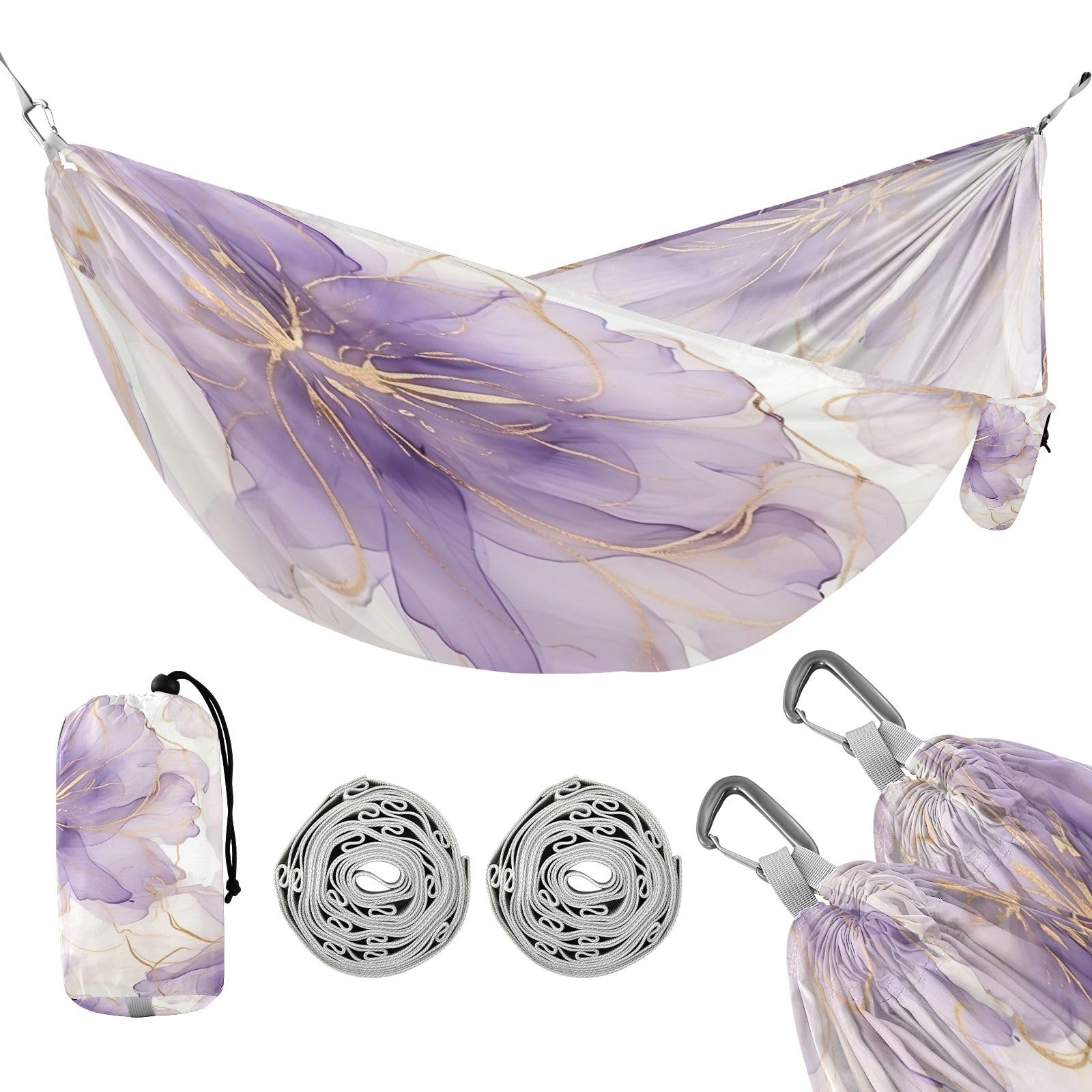ATTX Purple Silver Flower Camping Hammock - Lightweight & Portable Hammocks, Heavy Duty 330lbs Capacity for Indoor, Hiking, Backpacking, Travel, Backyard, Beach#305