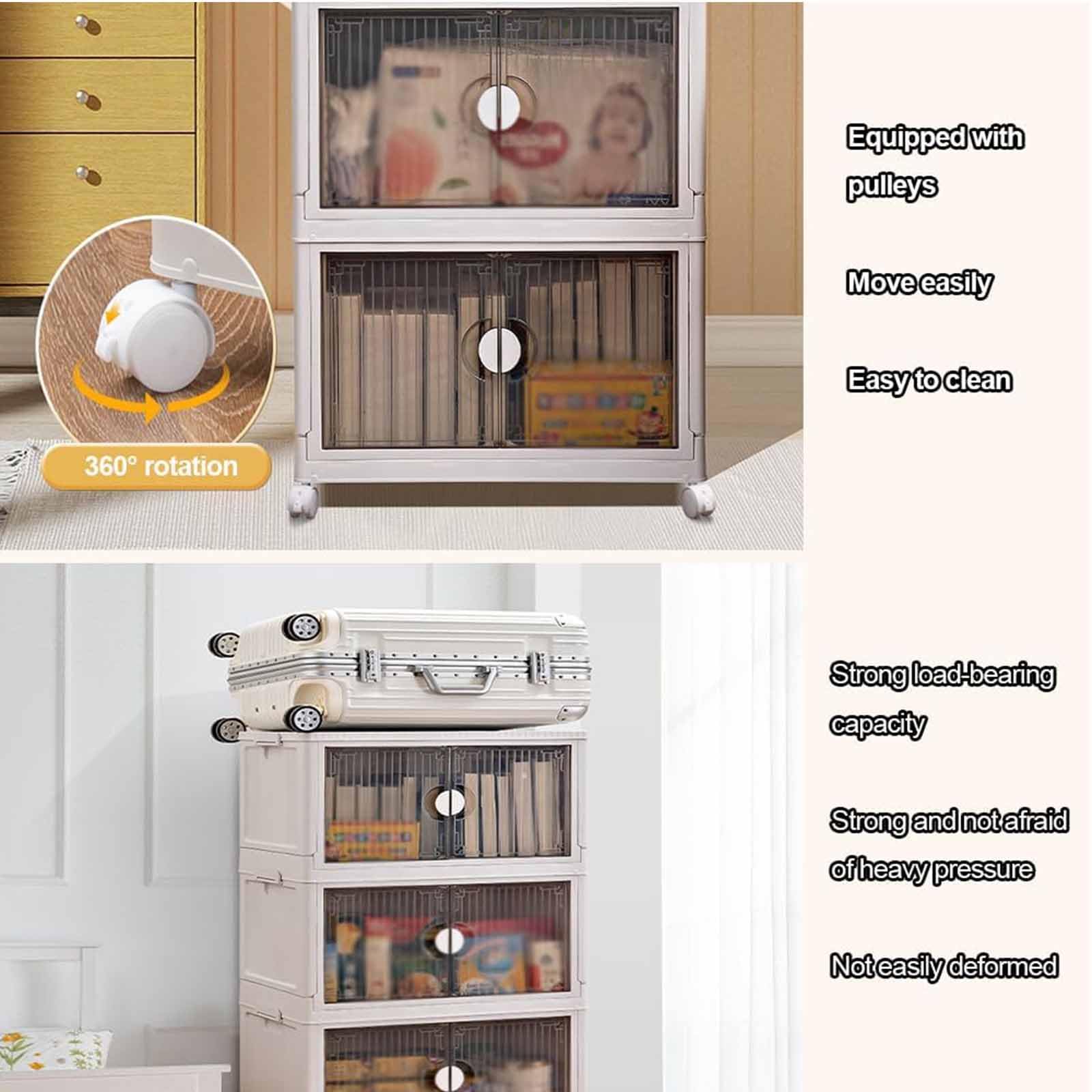 Caja de Almacenamiento de Plegable, hogar Armario de Almacenamiento Cajas de Almacenamiento plástico,Transparente Cajas apilables con Ruedas para dormitorios Salas de Estar