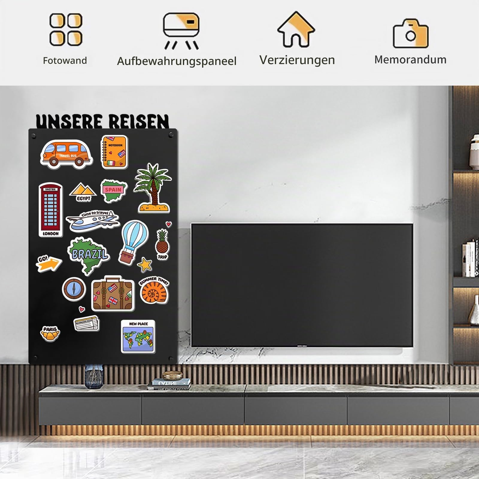 Magnettafel Schwarz 80×50 cm – Magnetwand/Pinnwand magnetisch für Küche, Büro & Kinderzimmer – Memoboard für Fotos, Notizen & Magnete ("UNSERE REISEN")