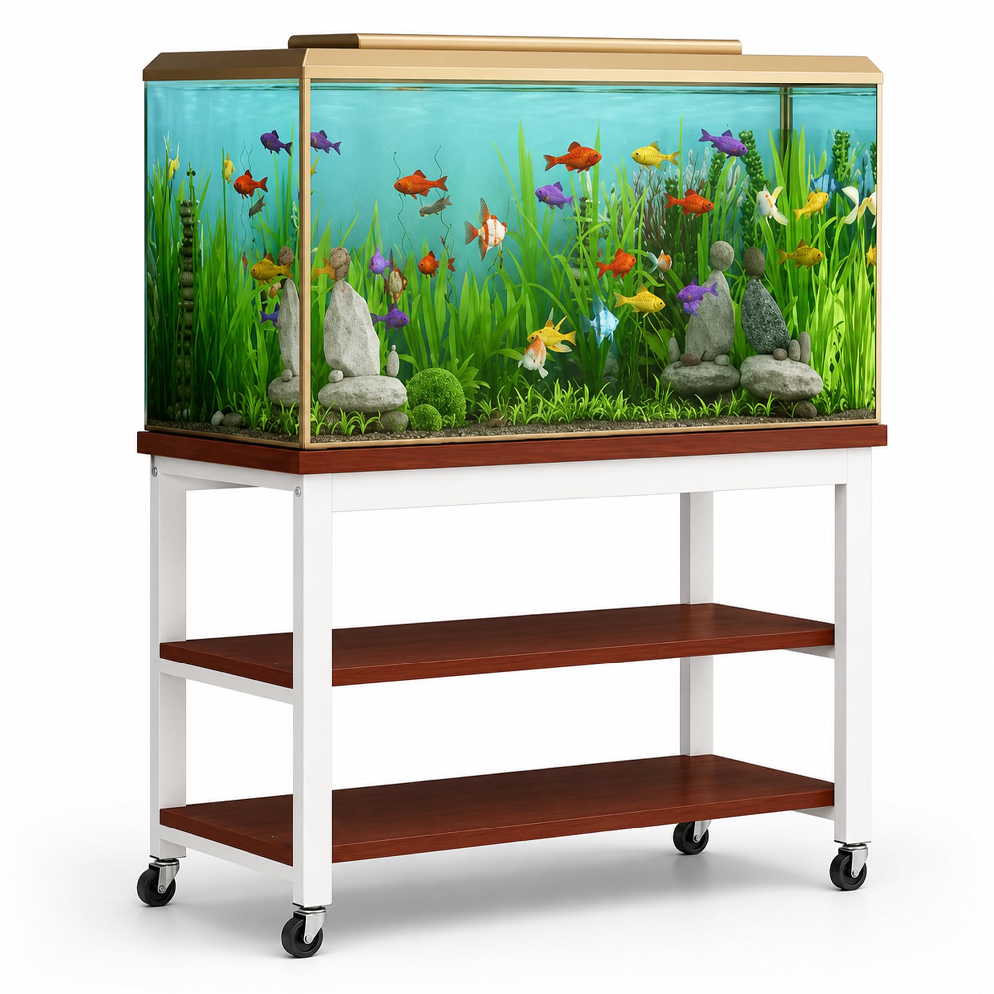 JSWHYBD Mueble soporte pecera terrario resistente con ruedas | Mesa doble nivel almacenamiento para peces tortugas reptiles, exhibición salón oficina dormitorio(G,150L)