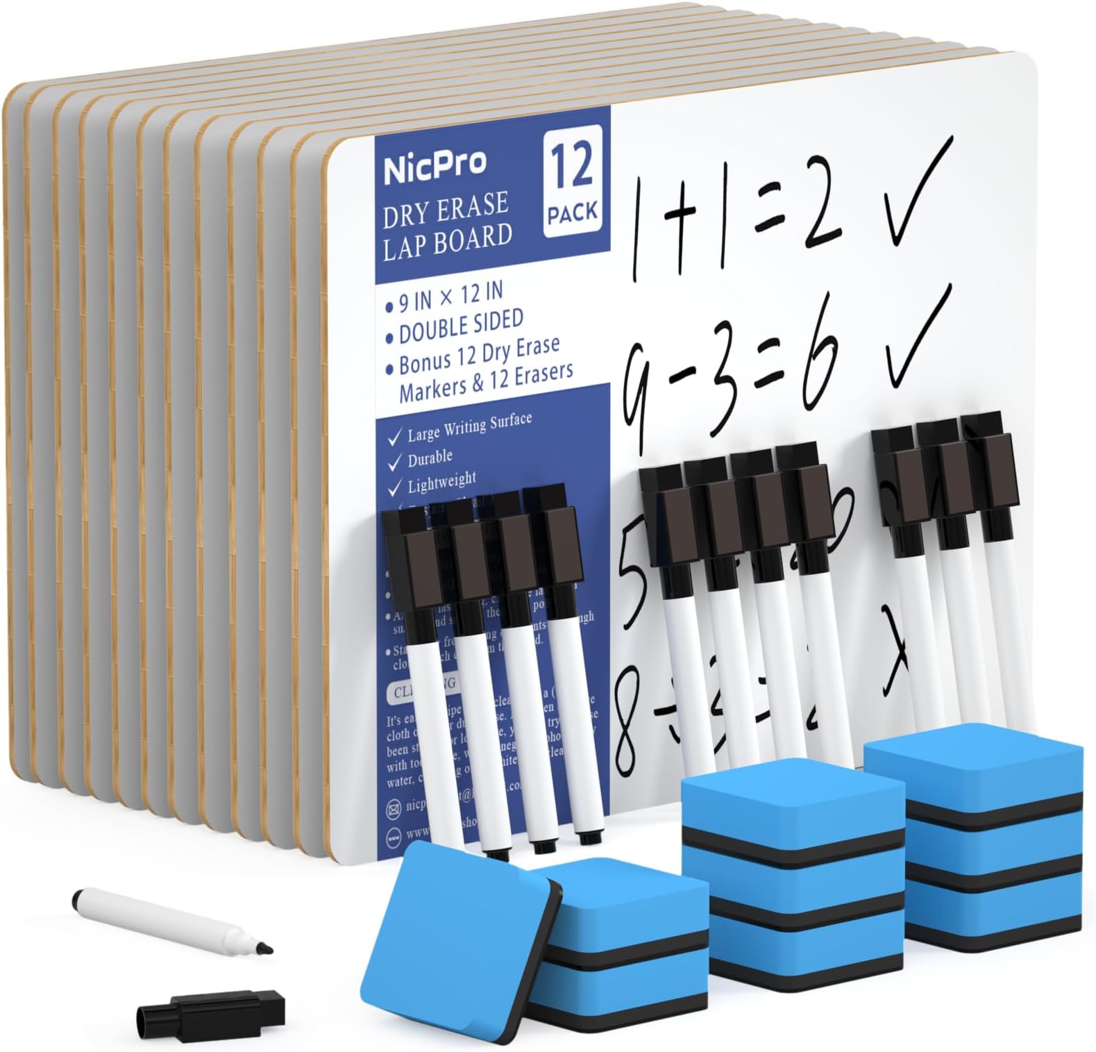 Nicpro 12 Pack Dry Erase Mini Whiteboard A4, 9 x 12" Double Sided Lapboard Bulk with 12 Pens,12
