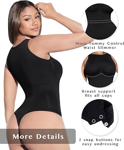 Miniatura 3 de FeelinGirl Bodysuits Shapewear for Women Tummy Control Thong Body Shapers Seamless High Neck Racerback Tank Tops with Snap