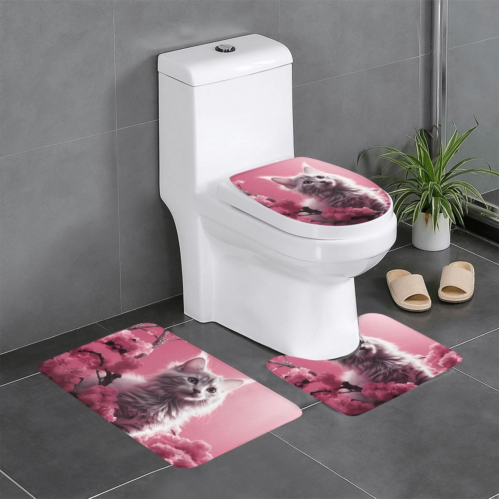 Tapis de salle de bain antidérapants motif chat rose : ensemble 3 pièces contour WC et coiffeuse