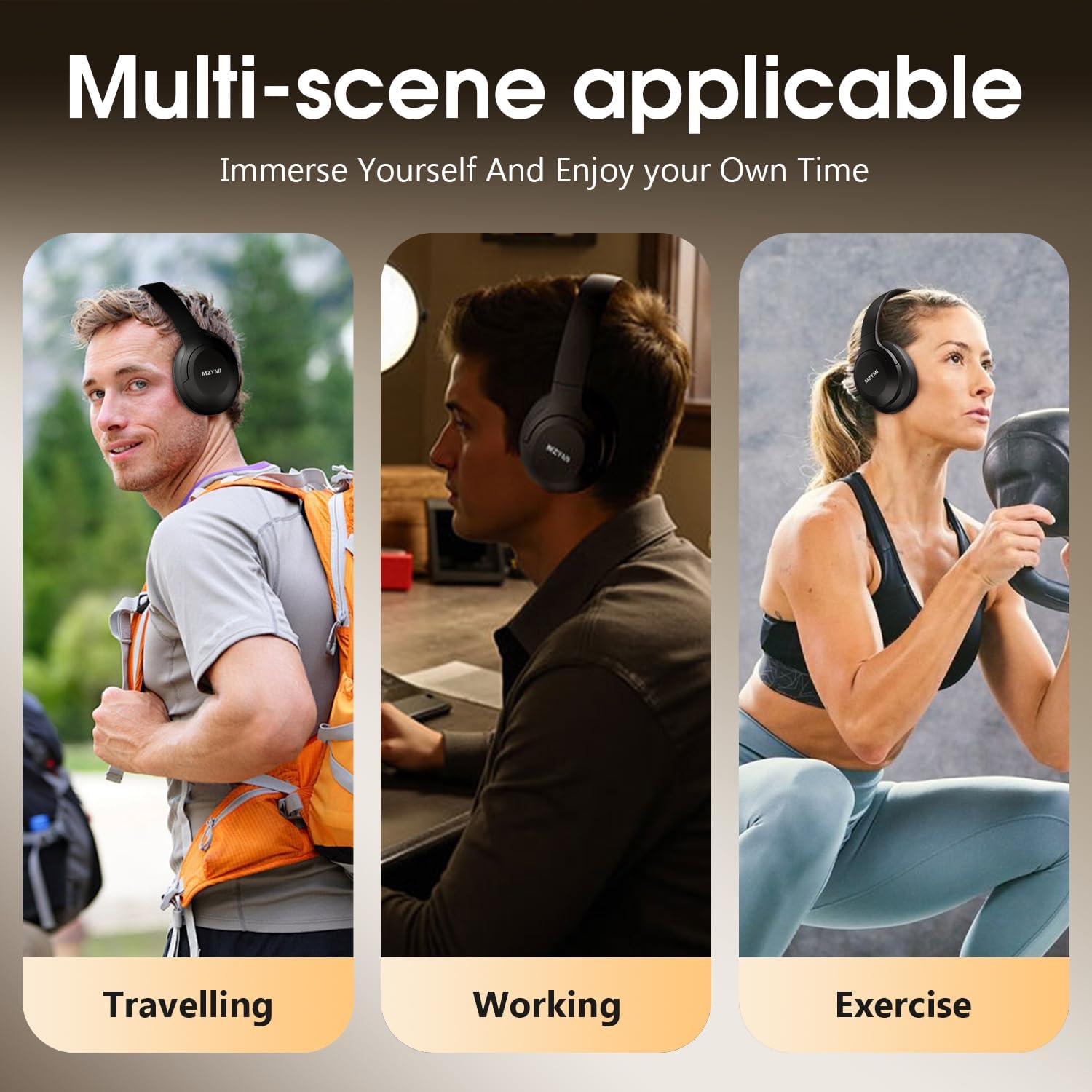 MZYMI Wireless Over Ear BT Headphones, Active Noise Cancelling Headphones, 100H Play Time Bluetooth Headphone with Microphone for Work, Gym, Travel, Game, Black