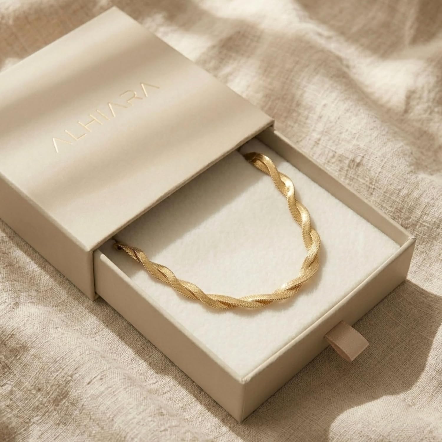 18K Gold Plated Twisted Herringbone Necklace for Women, Stainless Steel, 16"+2" Adjustable, Waterproof & Sweatproof, Hypoallergenic Minimalist Chain Jewelry