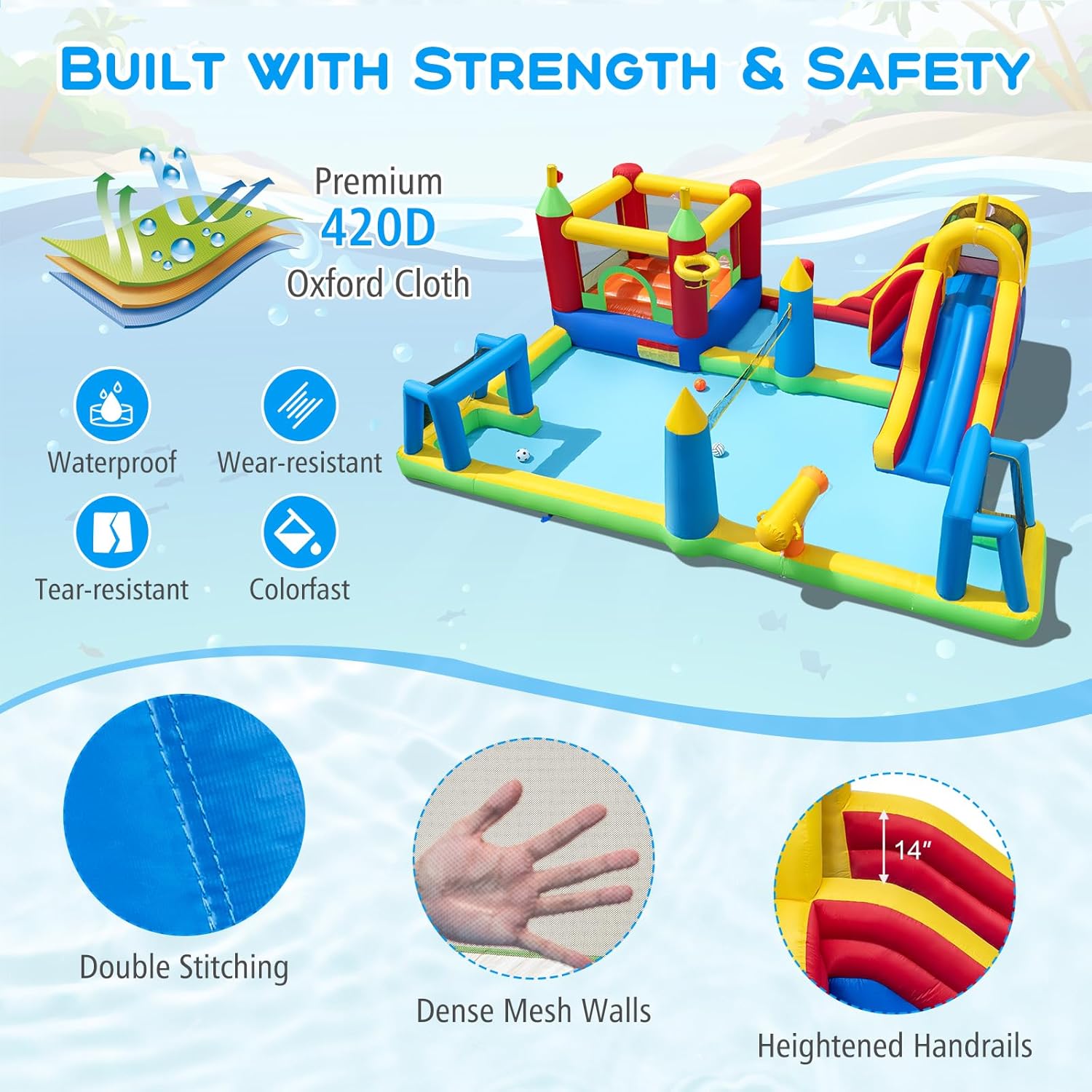 HONEY JOY Inflatable Water Slide & Bounce House Combo, Football/Volleyball/Basketball Area, Giant Splash Pool, 9 in 1 Outdoor Blow Up Bouncy Water Park for Backyard Party Gift(Without Blower)
