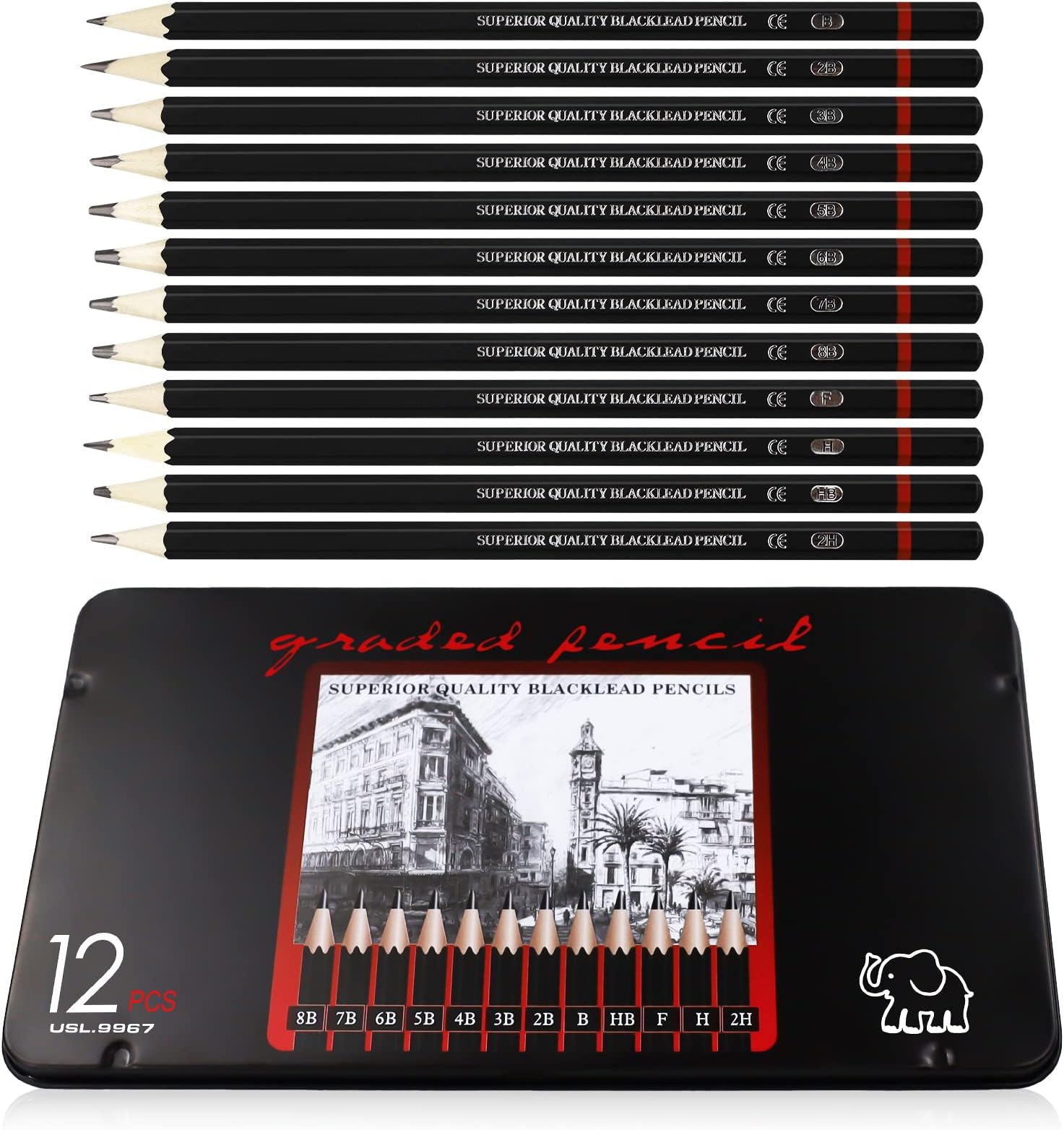 12 Pcs Drawing Pencils 8B, 7B, 6B, 5B, 4B, 3B, 2B, B, HB, F, H, 2H, Sketching Pencils with Graphite Lead