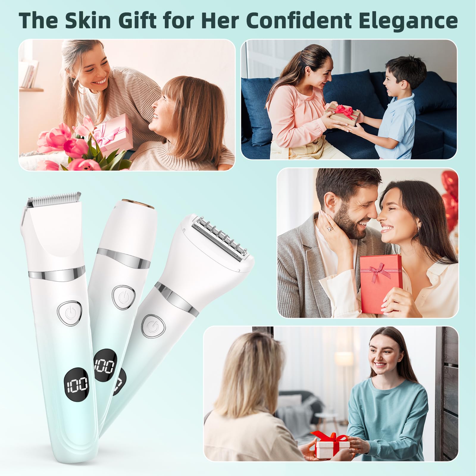 Rasoio elettrico 3 in 1 da donna, rasoio elettrico ricaricabile indolore, rasoio pubico e facciale per pelli sensibili, labbra, braccia, gambe con display a LED TT