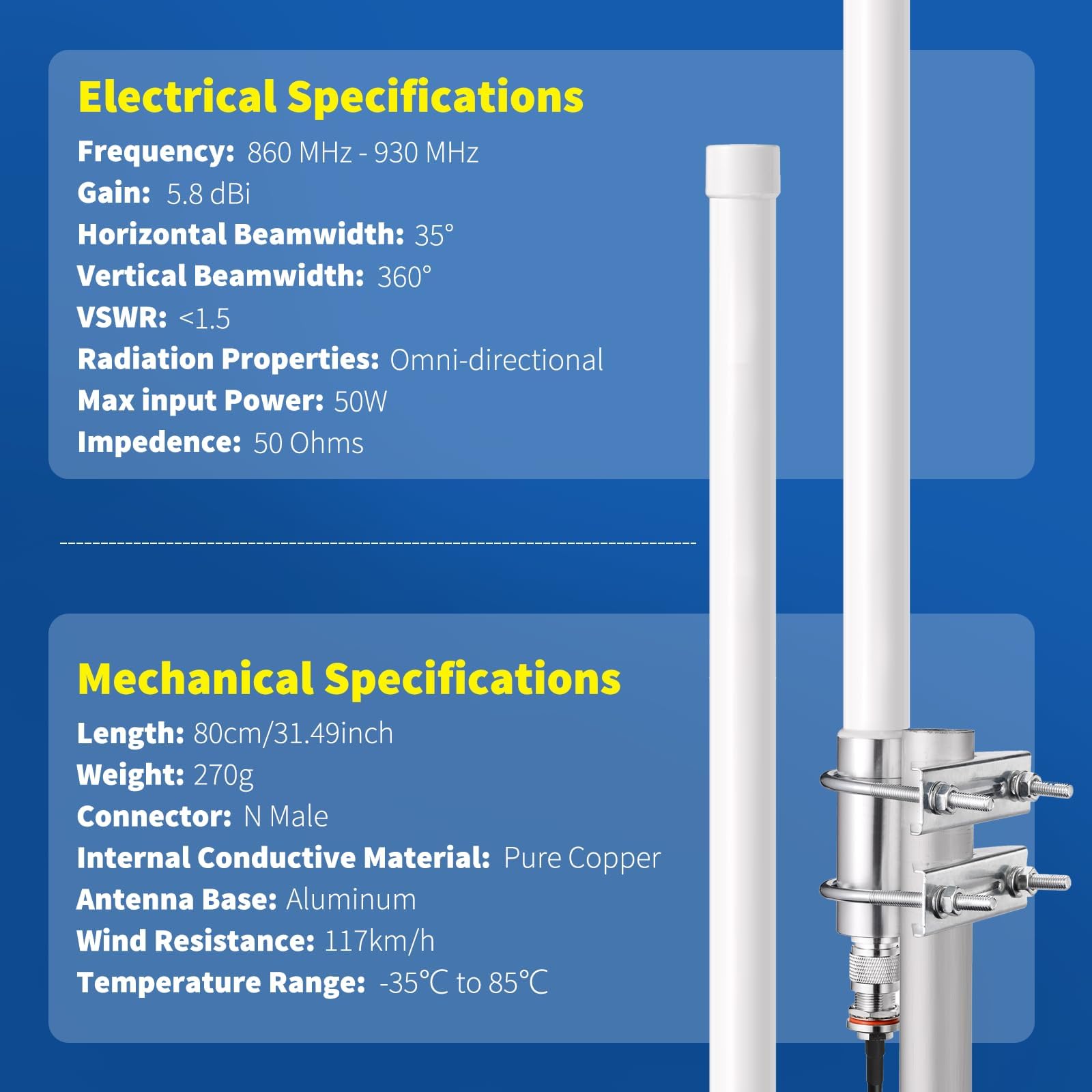 Bingfu Antenne Lora 868 MHz Extérieure N/RP-SMA/SMA Mâle 5.8 dBi Câble 3 m | Fibre de Verre Étanche, pour Hotspot Helium, Passerelle LoRaWAN, Mineur Bobcat 300 RAK V2 Sensecap M1 Nebra MNTD SyncroBit