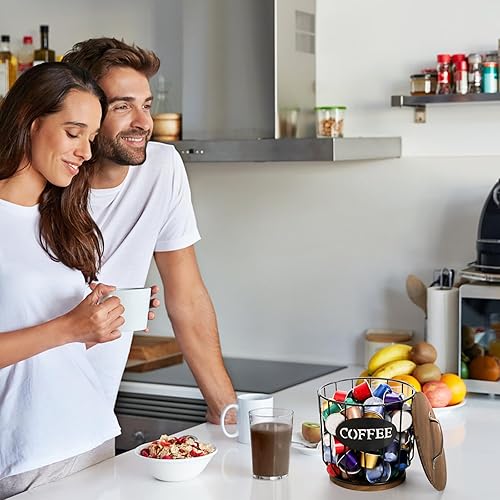 Miniatura 6 de yarlung Soporte para cápsulas de café con tapa, soporte para tazas K de gran capacidad con base de madera rústica, cesta de almacenamiento de café