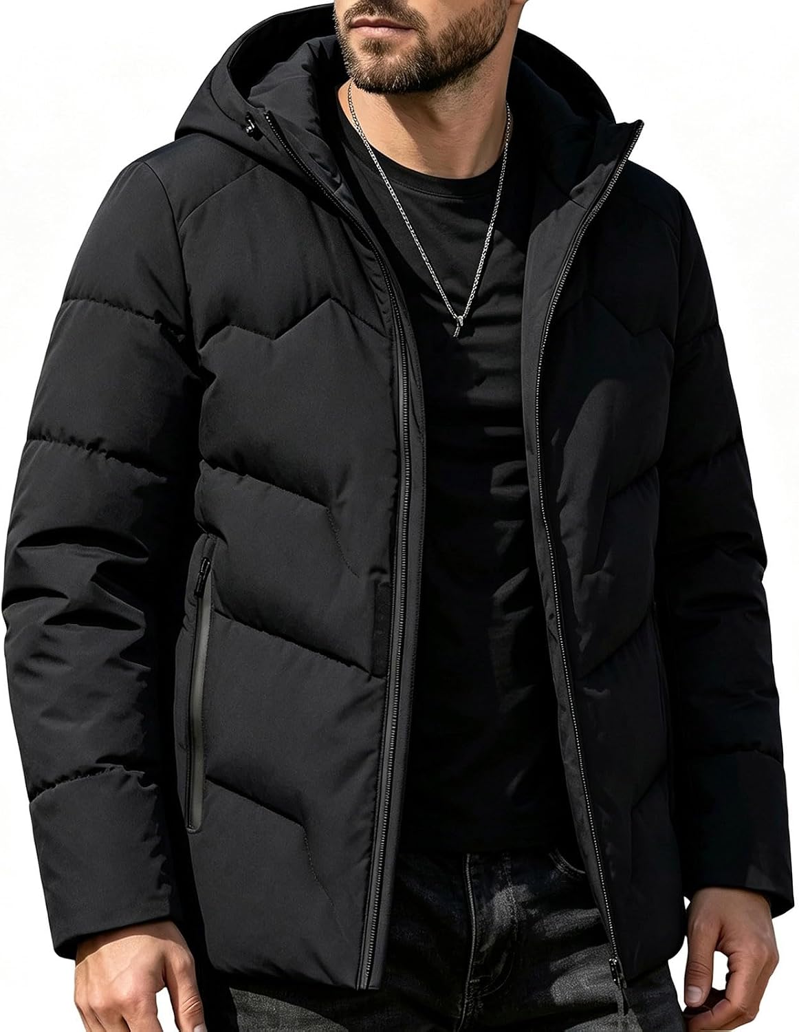 Men Detachable Hood Puffer Jacket Full Zip Quilted Warm Winter Coat