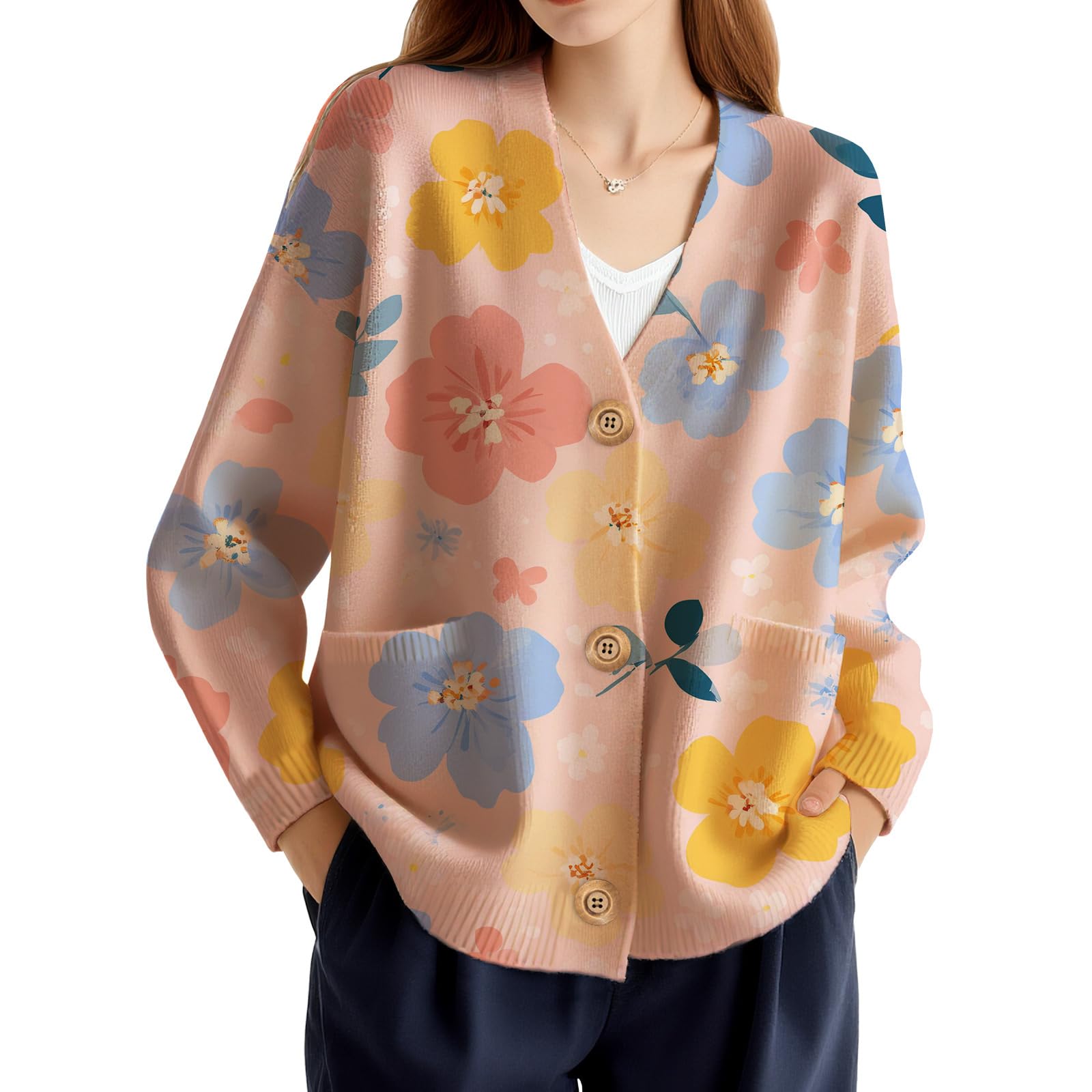 Womens Elegant V-Neck Floral Knit Cardigan - Lightweight Open Front Sweater Coat with Pockets for Fall Casual Wear