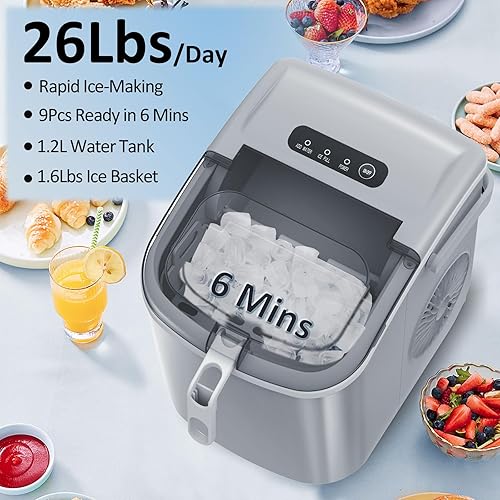 Miniatura 3 de Antarctic Star Máquina de hielo portátil para encimera, mango de cesta, máquina de hielo autolimpiante, 26 libras24 horas, 9 cubitos de hielo listos