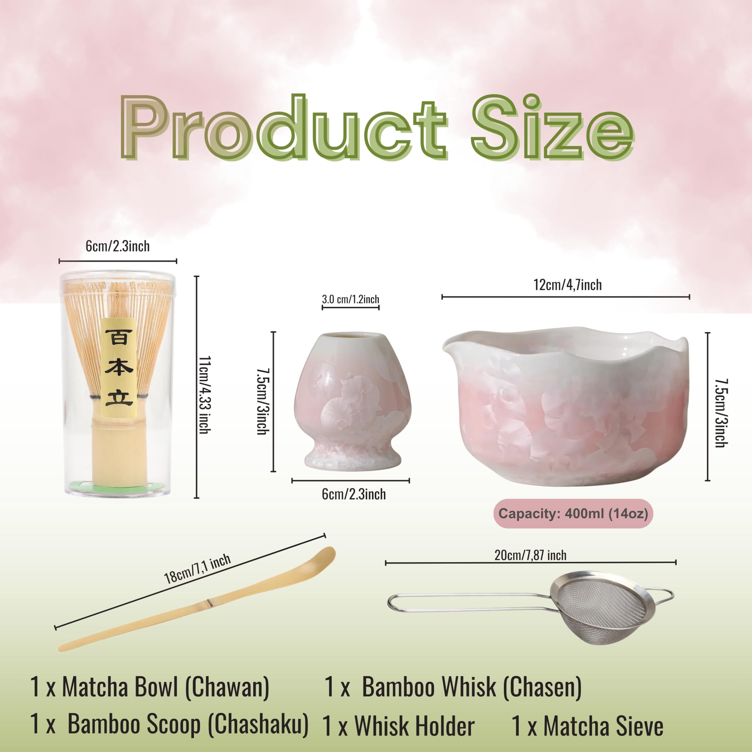 Matcha Set Rosa 5-teilig – Matcha Besen Set, Schale mit Ausgießer, Besenhalter, Bambusbesen, Sieb & Löffel – Crystal Glazed Flower Design – Geschenk für Matcha-Liebhaber (Pink)