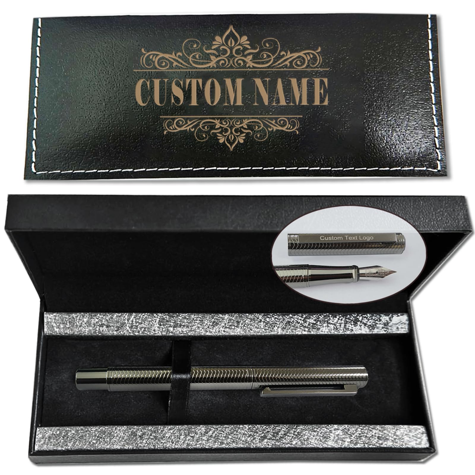 Coregiftr Personalized Silver Fountain Pen with Free Engraving, Custom Personalized Pens with Name and Gift Box, Black Ink