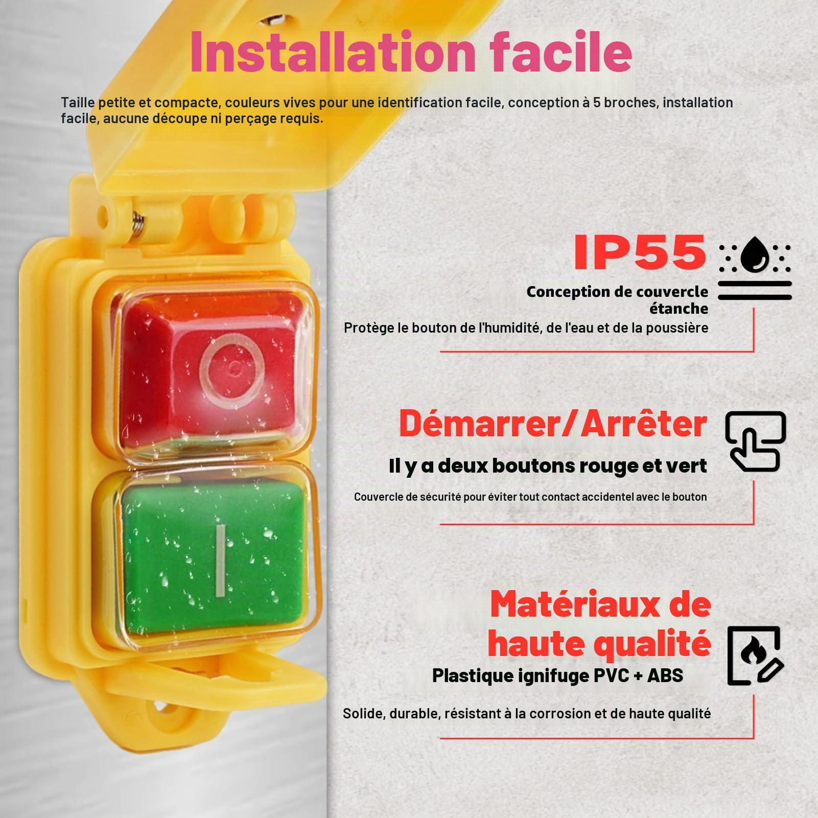 Interrupteur de sécurité pour machine KJD17B 5 broches 250 V 16 A Interrupteur électromagnétique pour machine Interrupteur à bouton-poussoir IP55 Interrupteur étanche Interrupteur encastrable