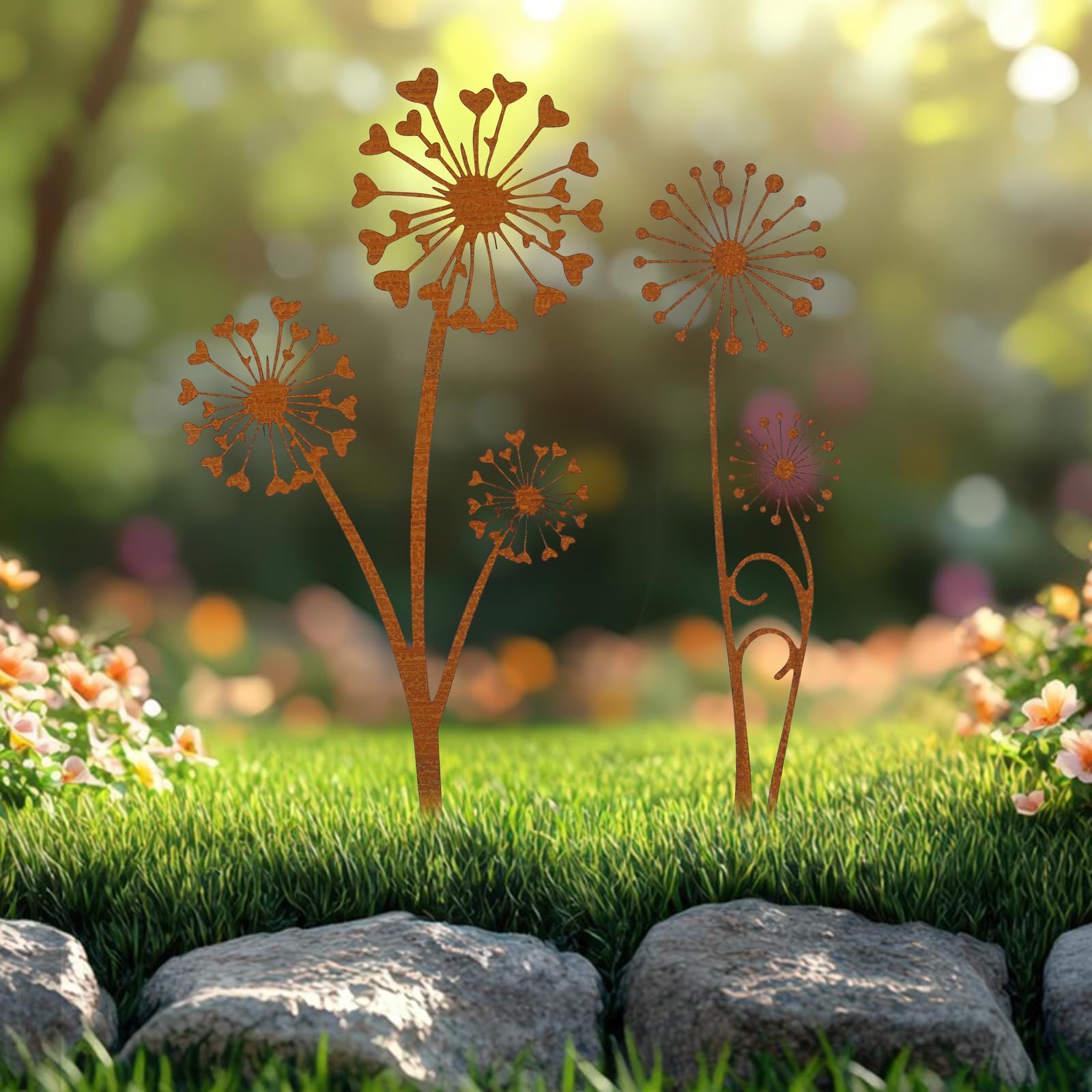 HFDONGL 2 Stück Gartenstecker Rost Deko Gartendeko Rost Pusteblume Metall Rostdeko Gartendeko für Garten Terrasse Balkon Blumentopf - 5