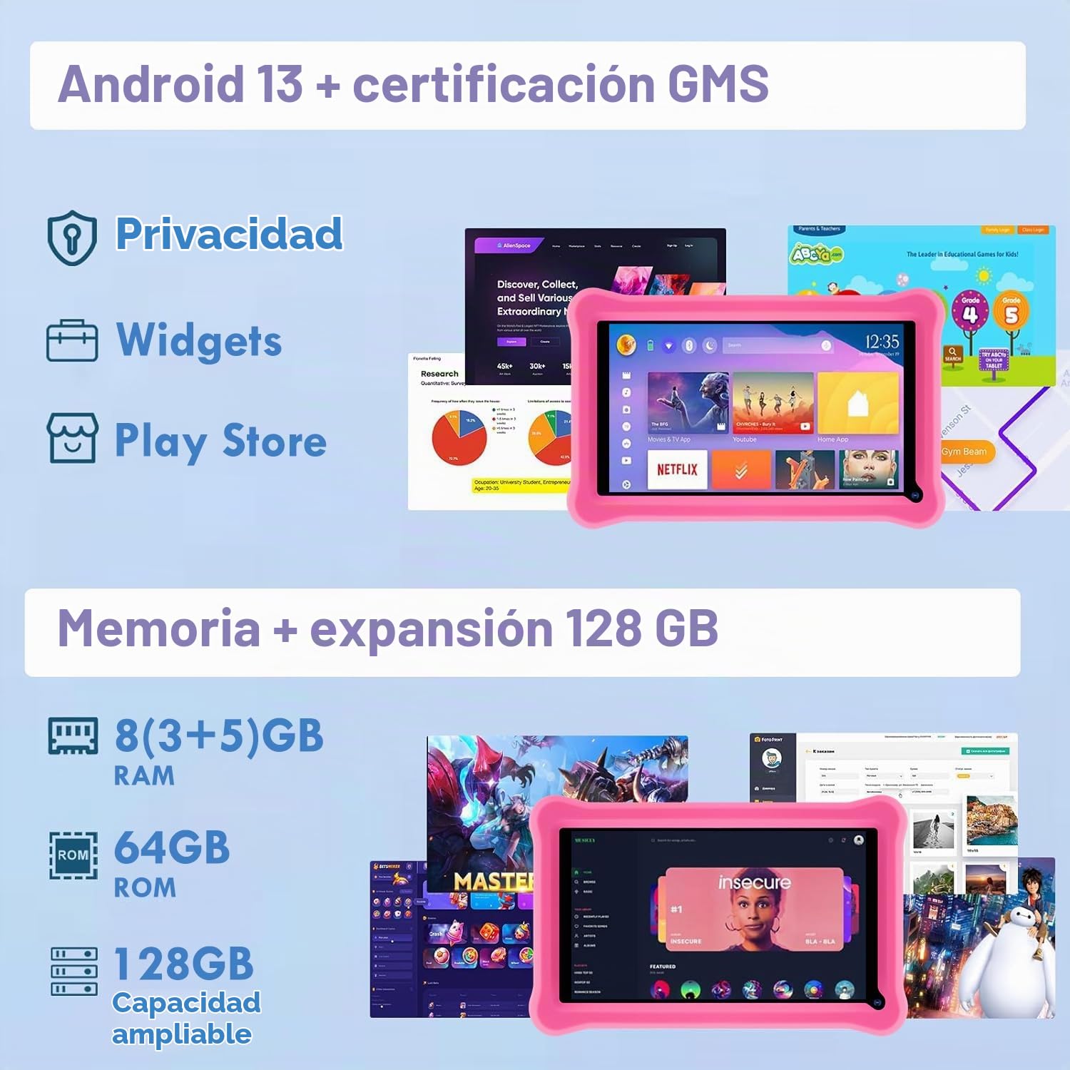 Tablet para Niños 7 Pulgadas Android 13 Tableta con 8GB RAM 64GB ROM (TF 128GB), Google GMS, Pantalla IPS HD, Doble Cámara, Bluetooth, Control Parental, Tablet Infantil con Funda EVA(Rosa)