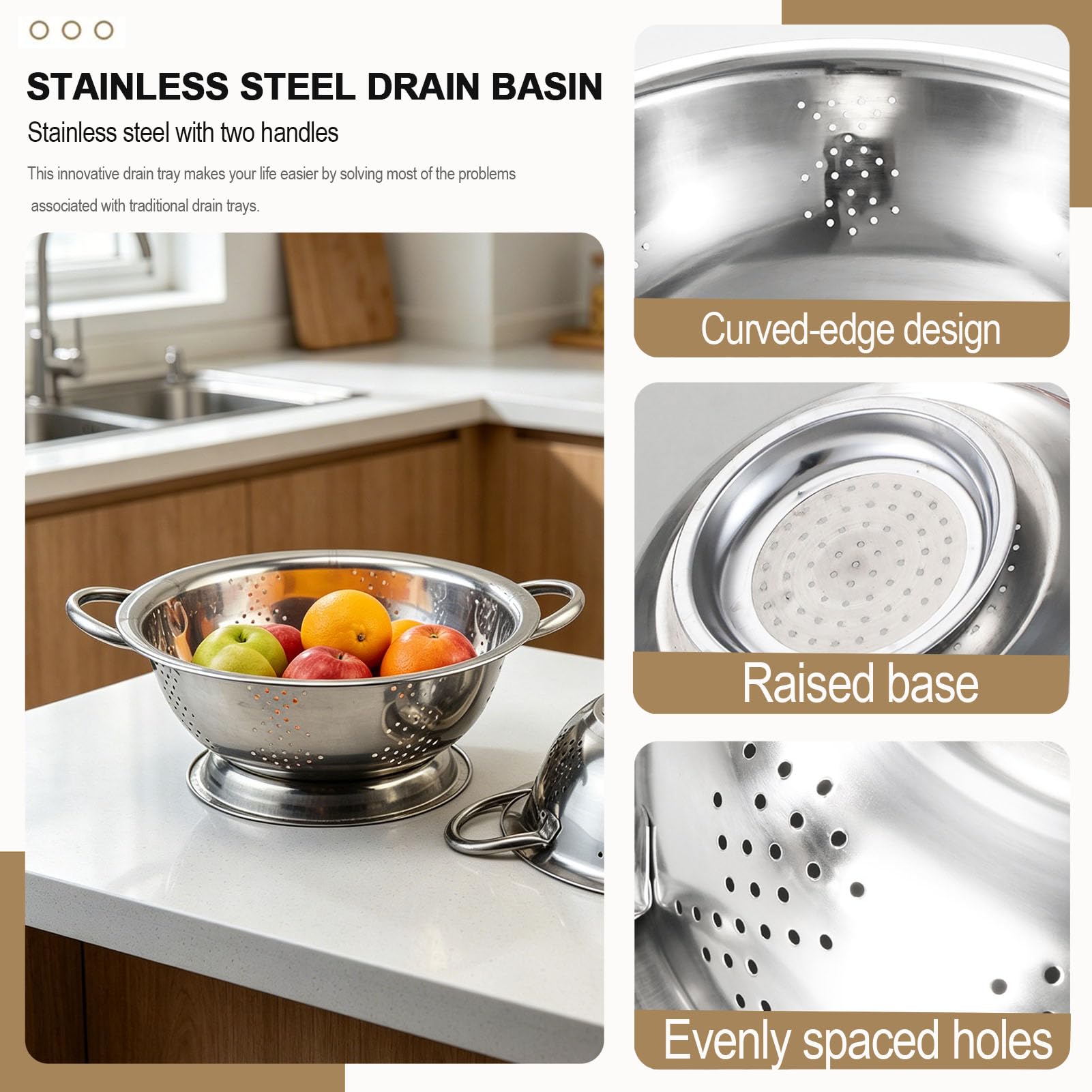 Passoire Double Anse en Acier Inoxydable Lot de 3, Tamis de Cuisine de cuisine avec poignées et pied Pour laver et égoutter les fruits, les légumes (18, 20, 22 cm)