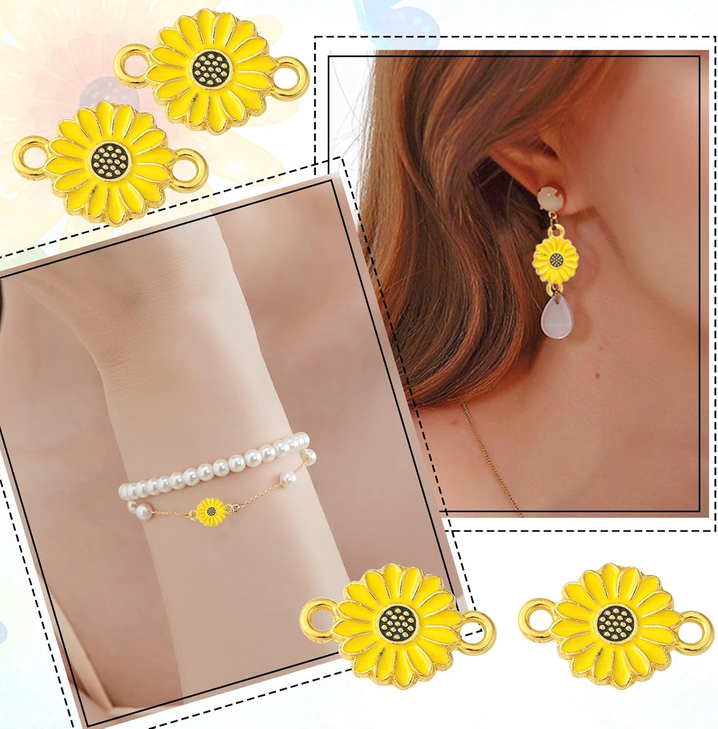 LiQunSweet 100 Pcs Yellow Links Connectors Enamel Small Daisy Flower Charms for Jewelry Making Bracelet Earrings DIY Bulk