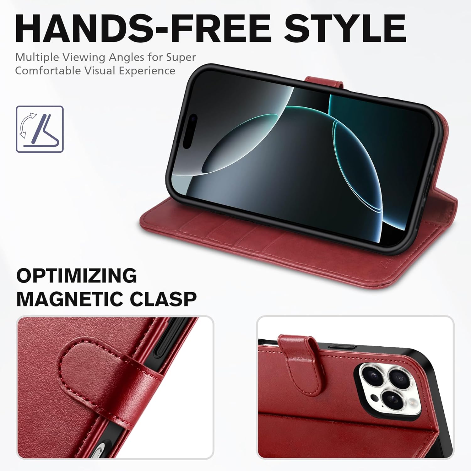 TUCCH Case Wallet for iPhone 16 Pro Max, RFID Blocking PU Leather Kickstand Flip Cover with 4 Card Slots [TPU Protective Interior Case], Magnetic Folio Compatible with iPhone 16 Pro Max, Dark Red