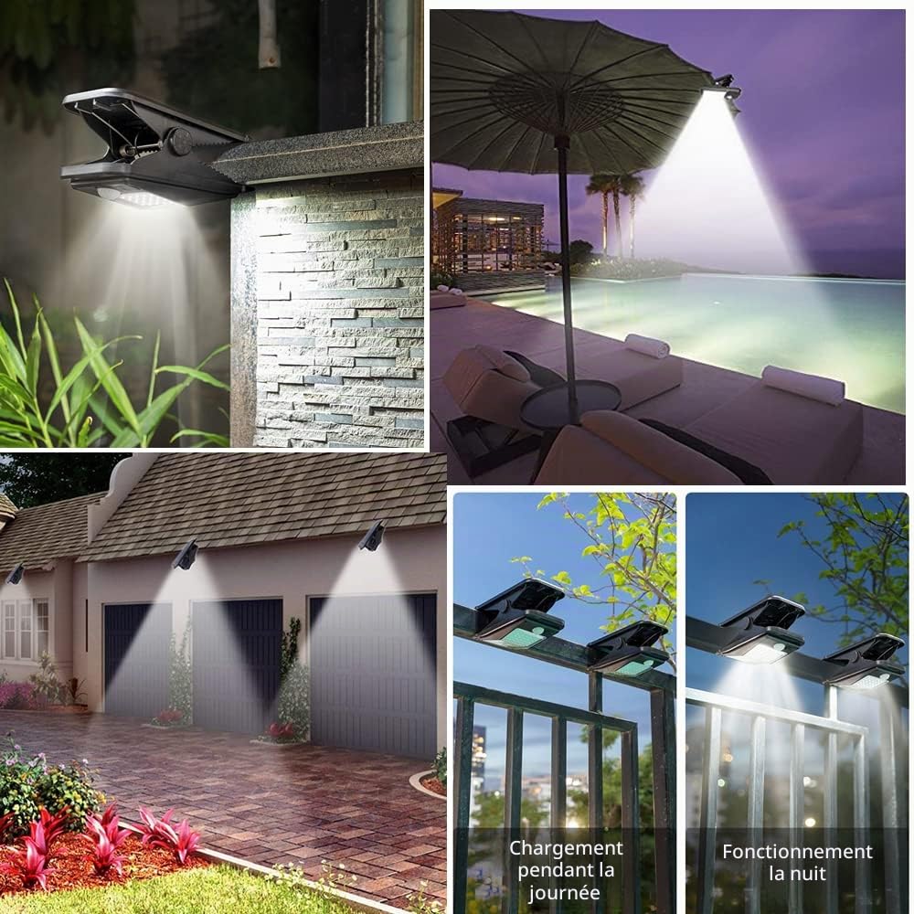 Lampes de sécurité solaires extérieures avec détecteur de mouvement à clip, 72 LED Lampes solaires super lumineuses pour jardin extérieur, IP65 Lampes de camping extérieures étanches, Éclairage à clip