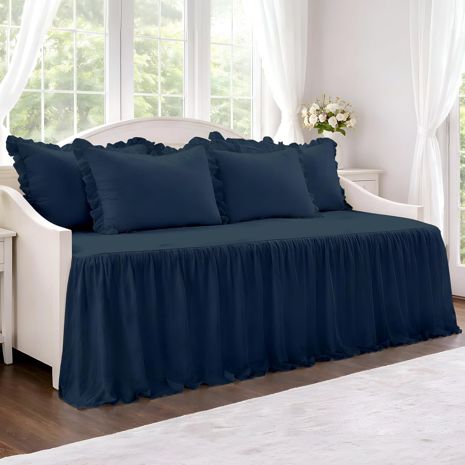 KRISHNA 5 Piece Ruffled Daybed Bedding Set Twin Size, Microfiber Daybed Cover with 4 Matching Pillow Shams, Soft All-Season Bedspread, Farmhouse Style, 39" x 75" with 30" Drop, Navy Blue