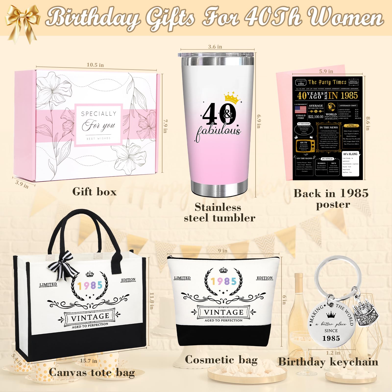 Unipinkart 40th 1985 Birthday Gifts for Women, 40 Year Old Birthday Fabulous Gifts for Women, Cool 40th Gift Canvas Tote Bag Set for Woman, Turning 40th Cup Gift Basket for Her Mom Sister Wife