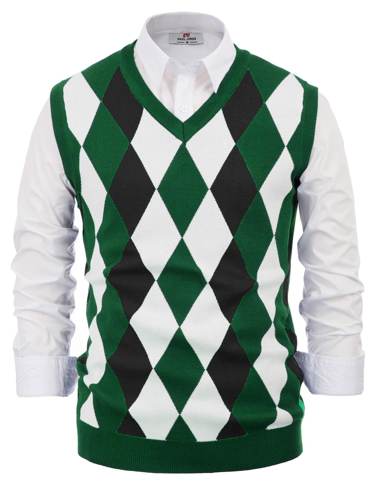 PJ PAUL JONES Mens Argyle Vest Pullover Knitwear Sleeveless Knit V Neck Green Golf Sweater Vest 2XL