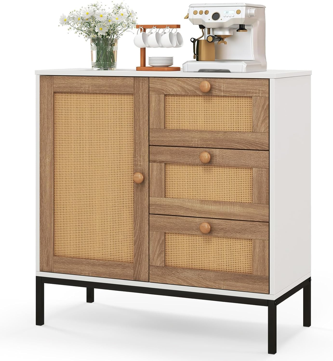 GOPLUS Aparador de Ratán con Puertas y Cajones, Armario de Cocina con Patas de Metal Elevadas, Armario de Almacenamiento para Cocina, Salón y Pasillo, 80 x 35 x 80,5 cm