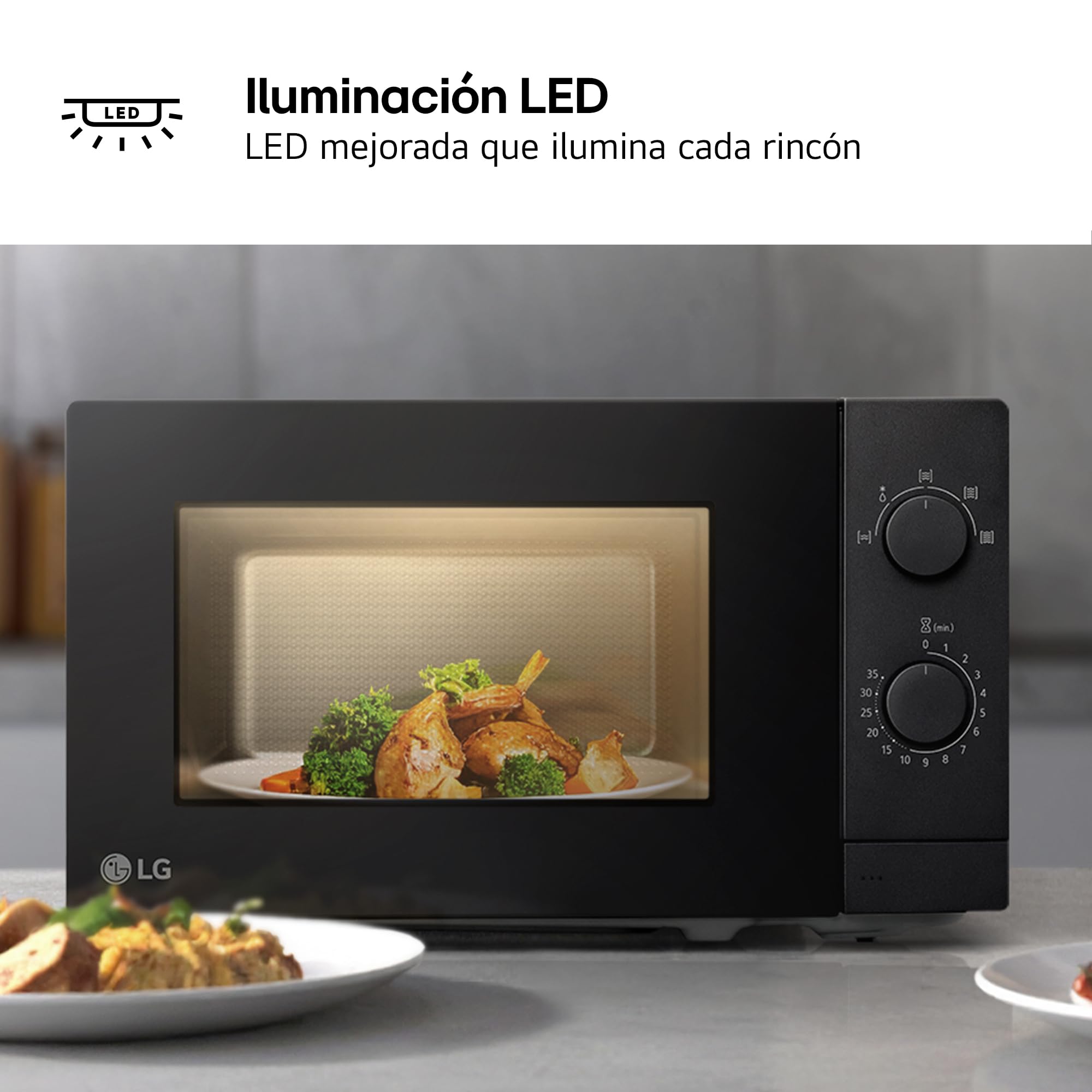 LG - MS2082F Microondas, 20 Litros, 700W, Negro, 44.5x25.8x34.5 cm, Control Mecánico, 5 Niveles de Potencia