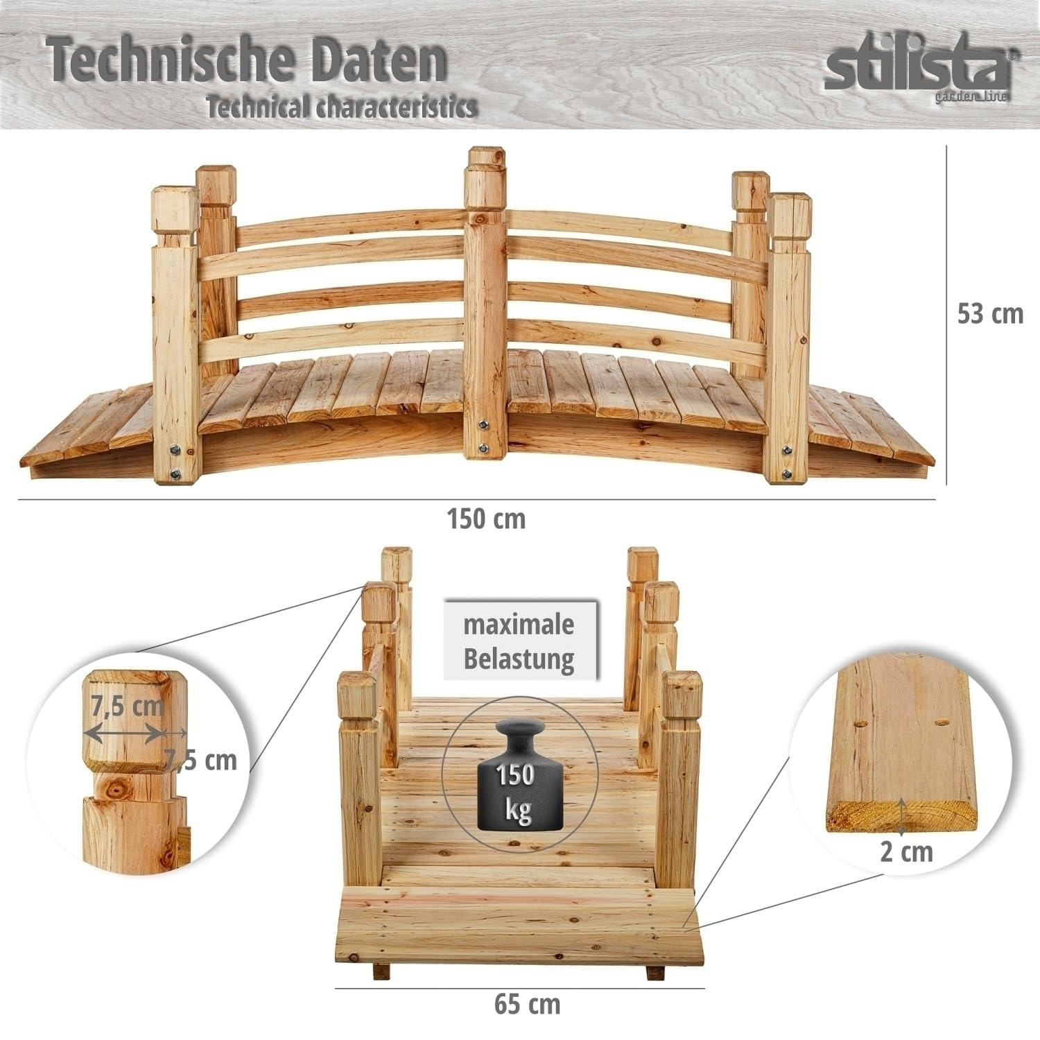 STILISTA Holzbrücke mit Geländer 150 x 65 x 53 cm, geölt, belastbar bis 150 kg, Farbwahl, Dunkel-braun