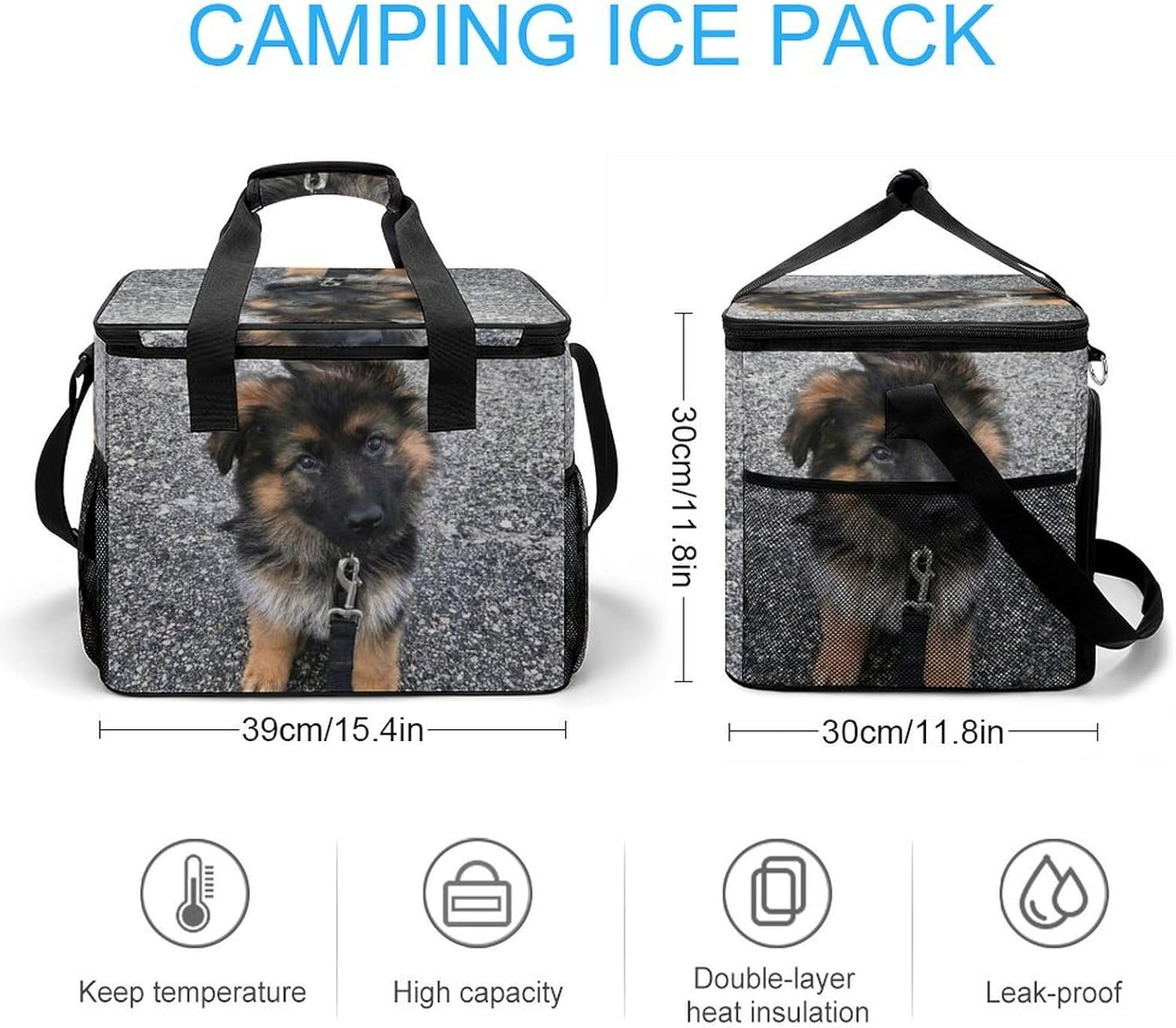 Insulated Picnic Backpack Tote Bag, Large Capacity 30L Cute German Shepherd Puppy Cooler Bag Leakproof Beach Bags Portable Lunch Box Waterproof Picnic Basket for Beach Camping BBQ