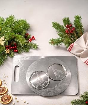 Hediye Paketi, Hijyenik Çift Yön Kullanımlı Paslanmaz Çelik Kesme Tahtası, Sunum Tabağı ve Ayaklı Sunum Tabağı 3'lü Set + 2 Adet Sosluk Hediyeli