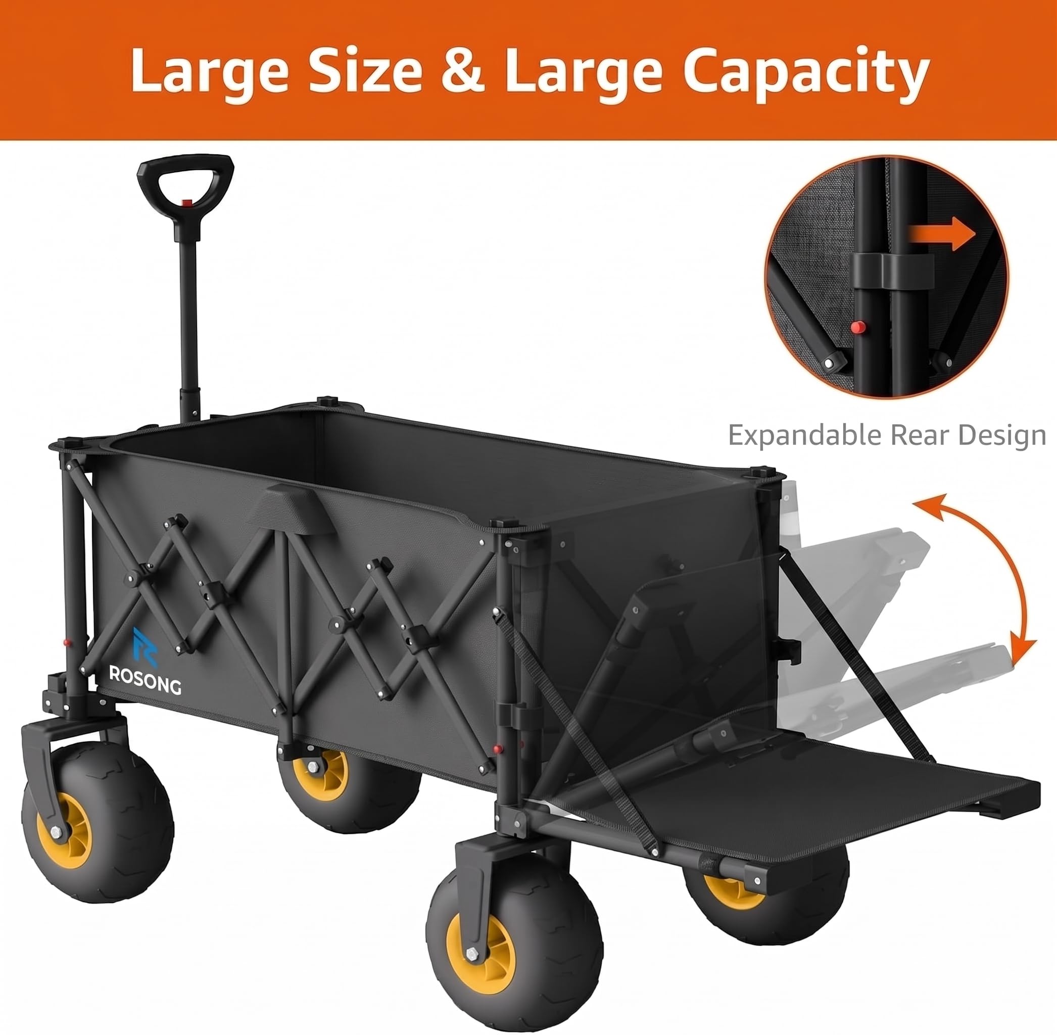 ROSONG Chariot de Plage Pliable avec Grosses Roues Chariot de Transport Tout-Terrain avec Hayon pour Objets Longs Remorque Jardin et Plage Camping Jardin, Noir