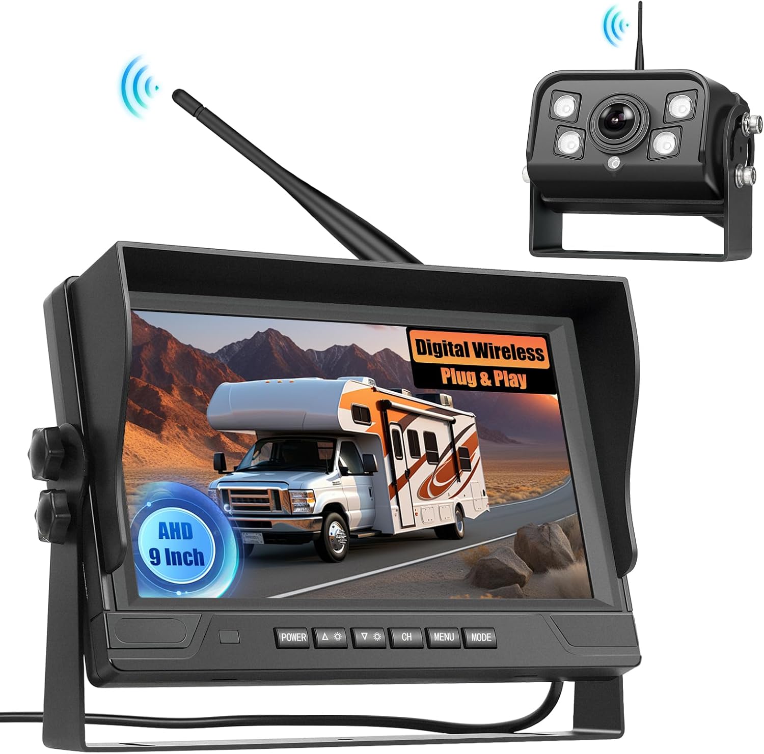 9 Inch Monitor Wireless Backup Camera System with Loop Recording, 12-24V for Truck, Trailer, RV, Bus Reversing Camera IP68 Waterproof Night Vision, Waterproof Back Up Camera Kit
