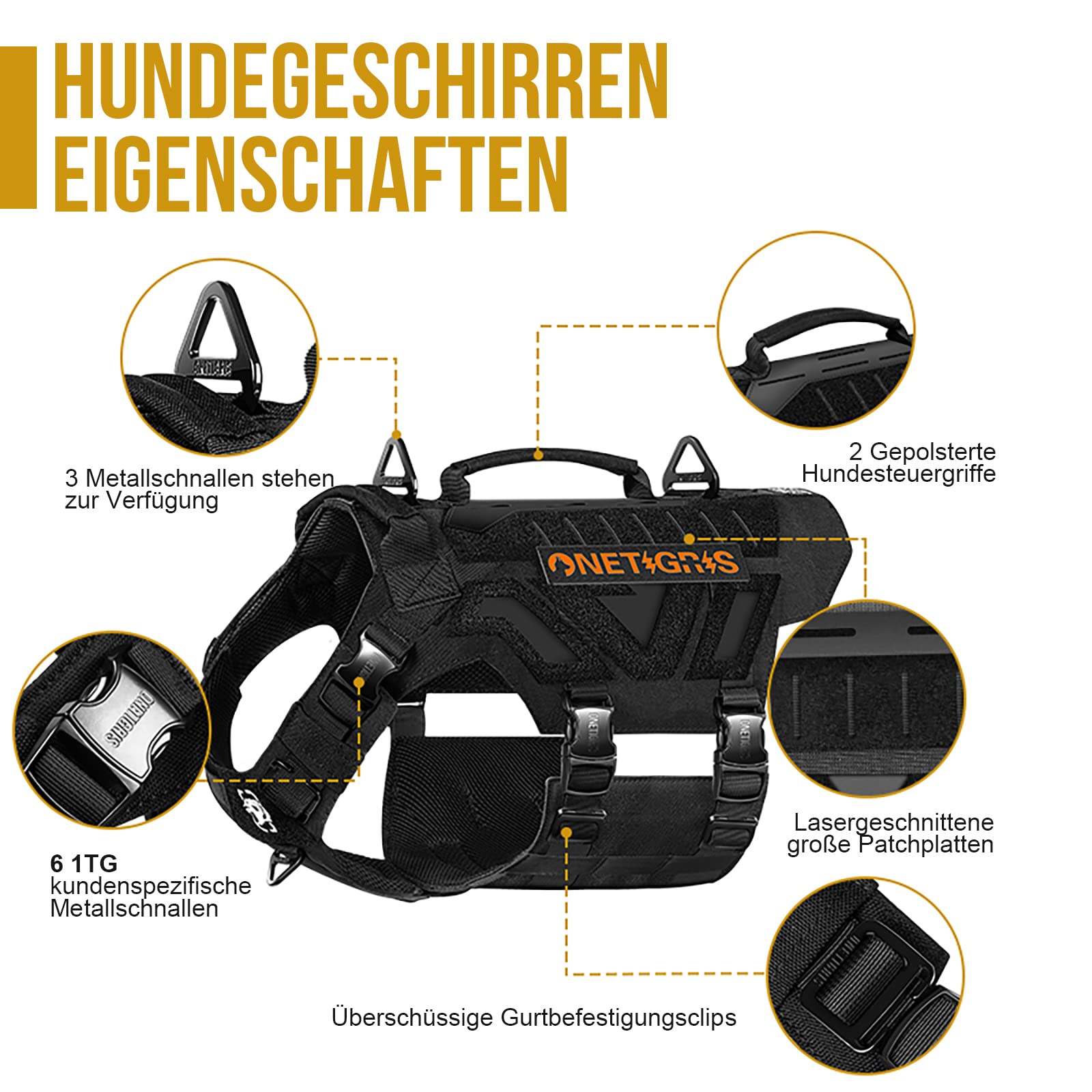 OneTigris X Armor Taktisches Hundegeschirr, Sicherheitsgeschirr mit Vollmetallschnalle und D-Ring, Hochpräzises Laserschneiden, Brustgeschirr mit 2 Griffe Hundeweste für Große/Mittlere Hunde