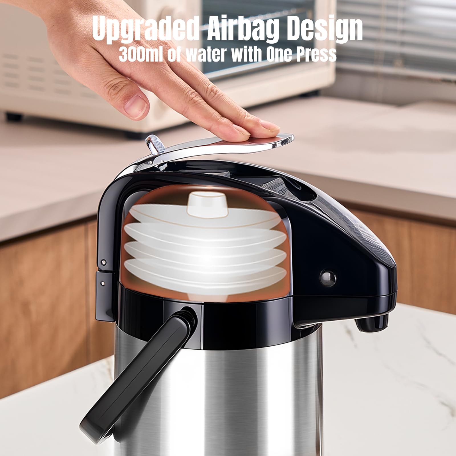 PARACITY Botella de agua de café Airpot mejorada con doble bomba de 84 onzas/2.5 L, dispensador de bebidas de acero inoxidable para bebidas calientes/frías, base Lazy Susan, termos para café para